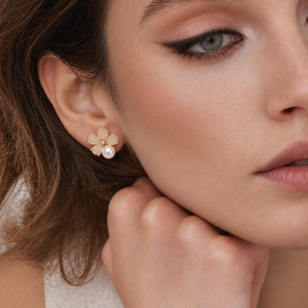 Gold-Plated Pearl Flower Stud Earrings