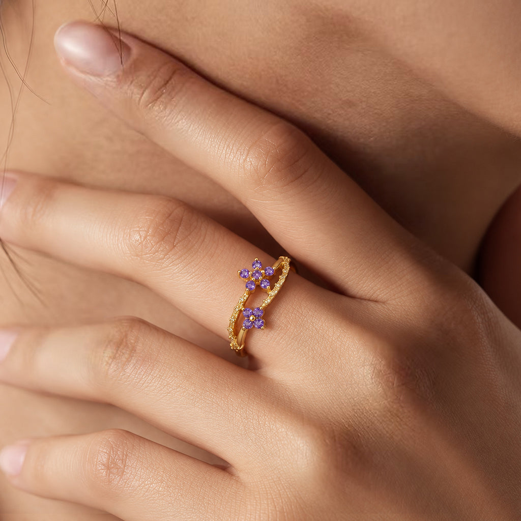 18K Gold-Plated S925 Purple CZ Floral Ring