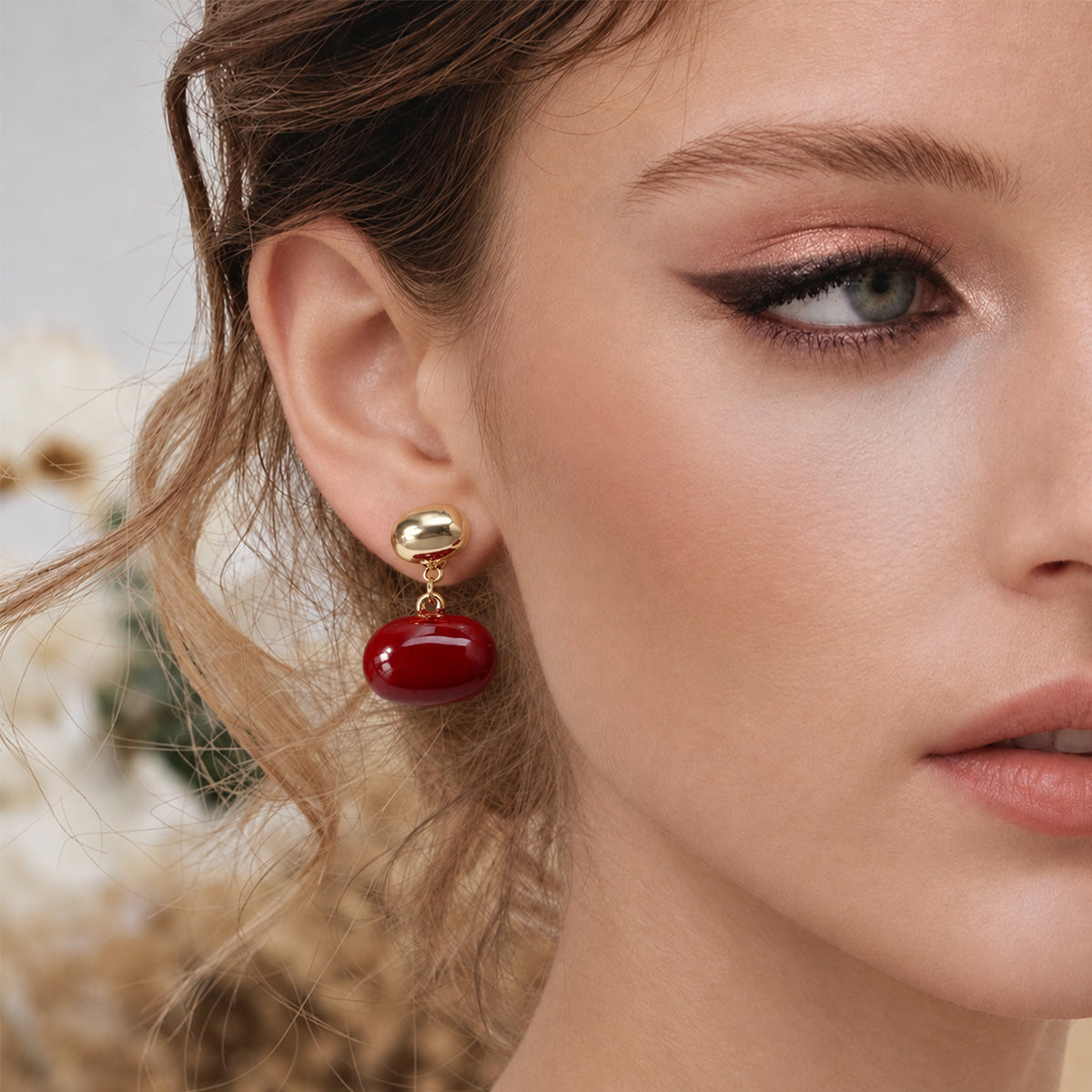 Red Enamel Pebble Drop Stud Earrings