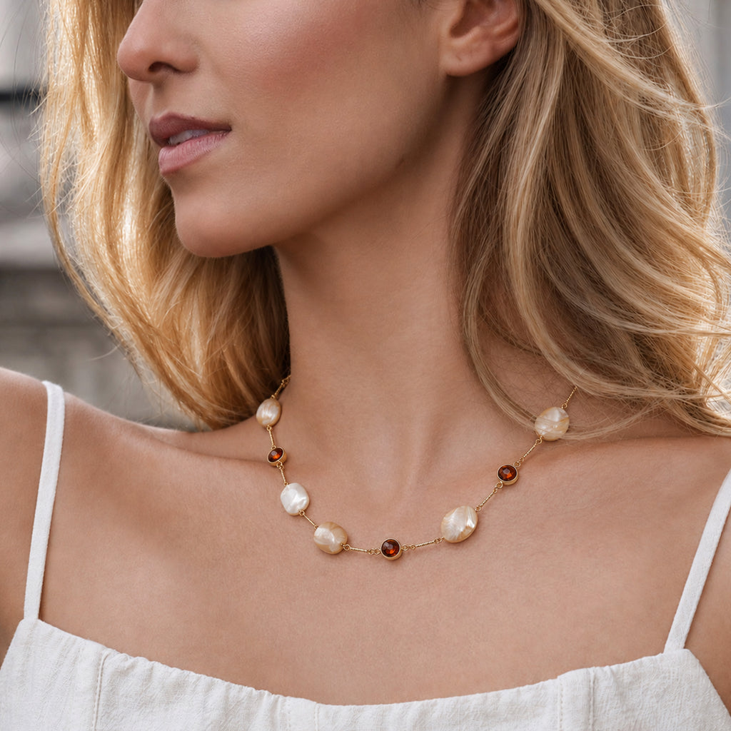 Gold-Plated Shell & Amber Crystal Necklace
