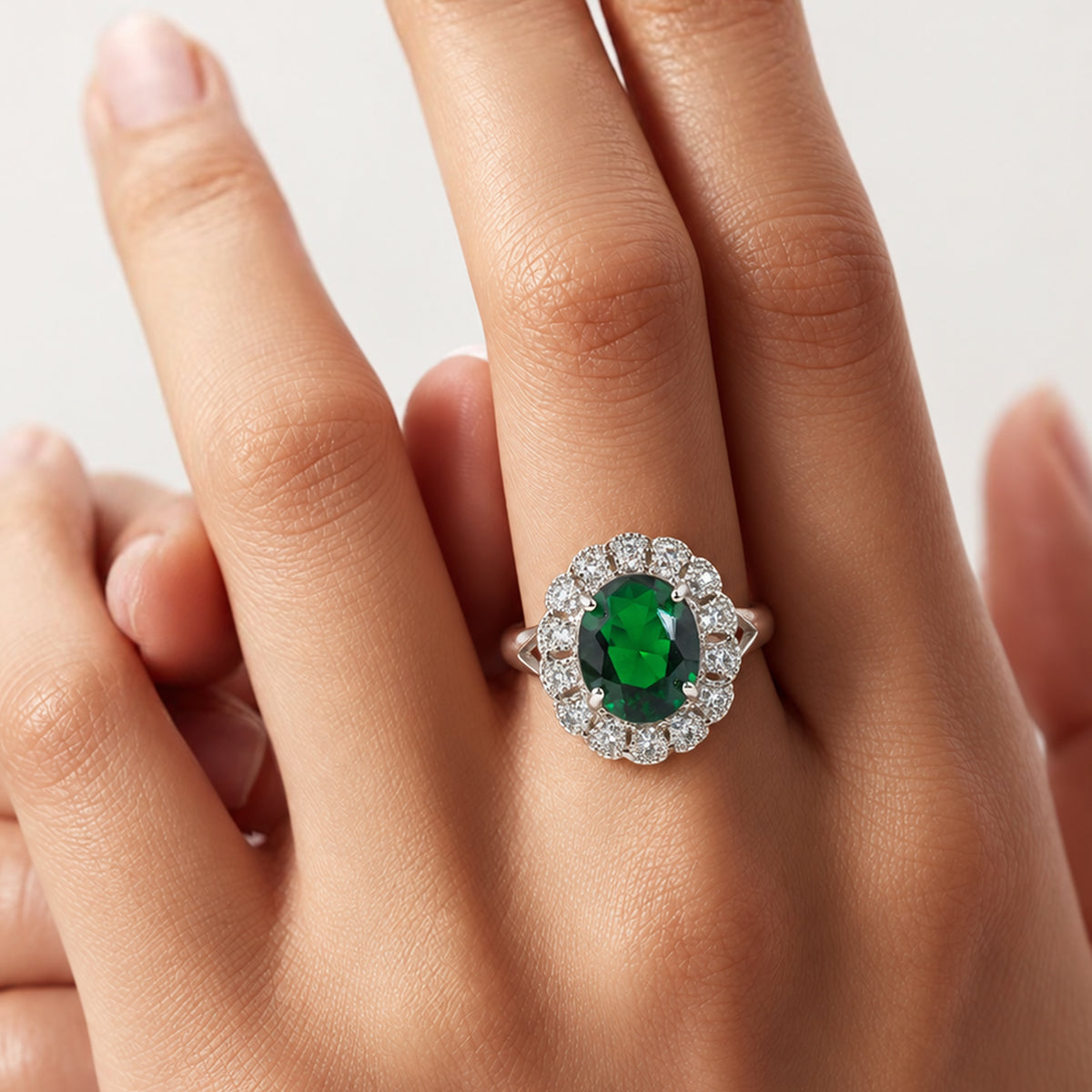 Silver-Tone Green Zircon Halo Copper Ring