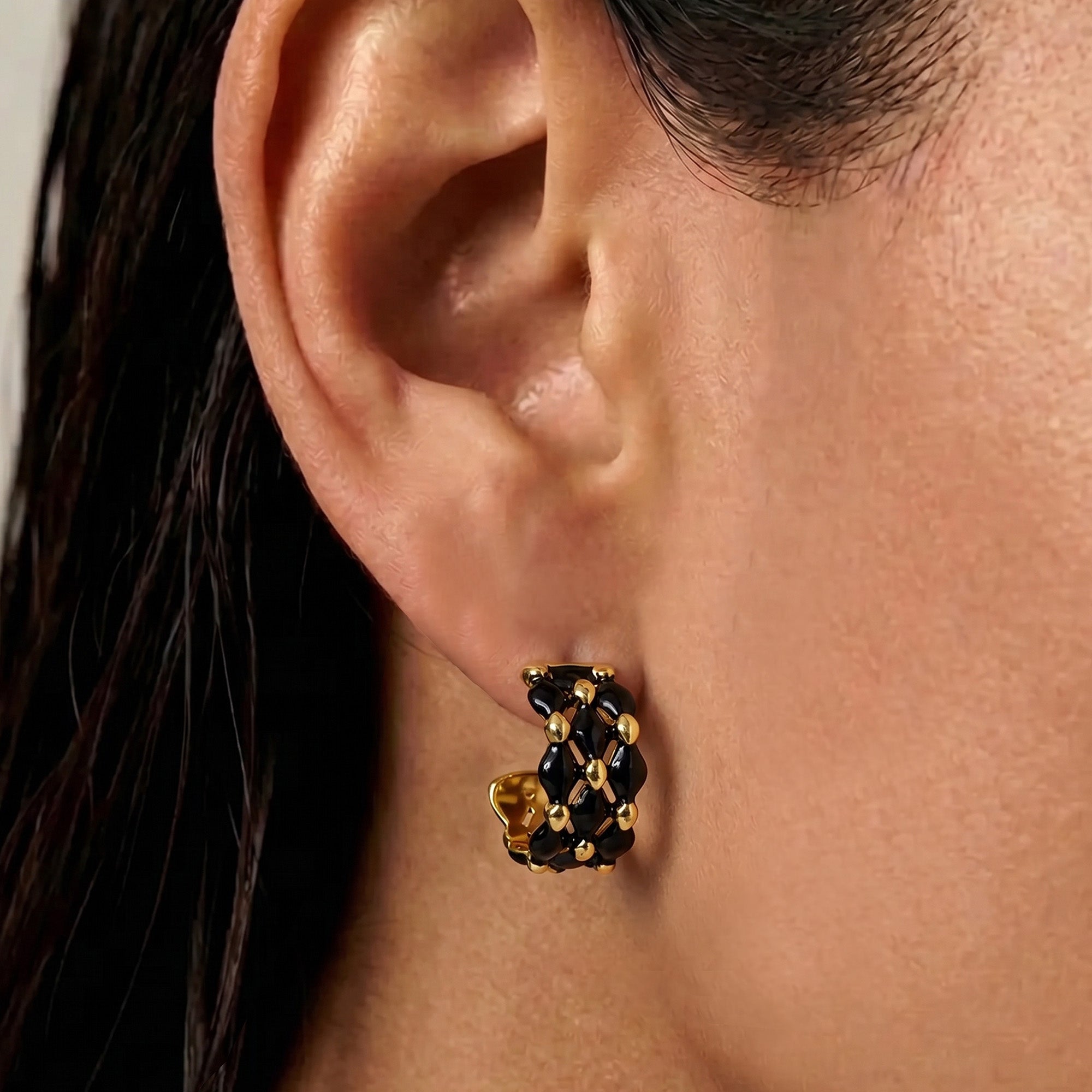 Black Enamel Woven Hoop Earrings