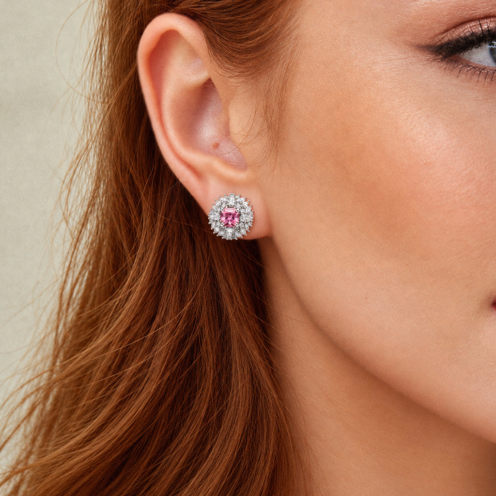 Pink Cushion Halo Zircon Stud Earrings