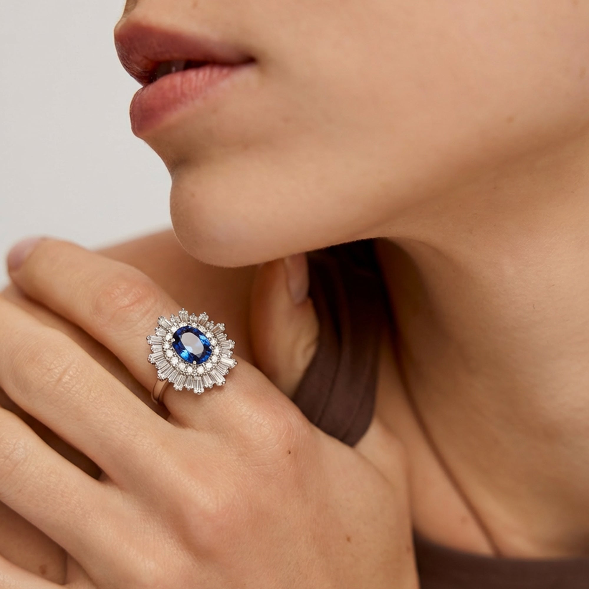 Silver-Tone Blue Zircon Radiant Halo Ring