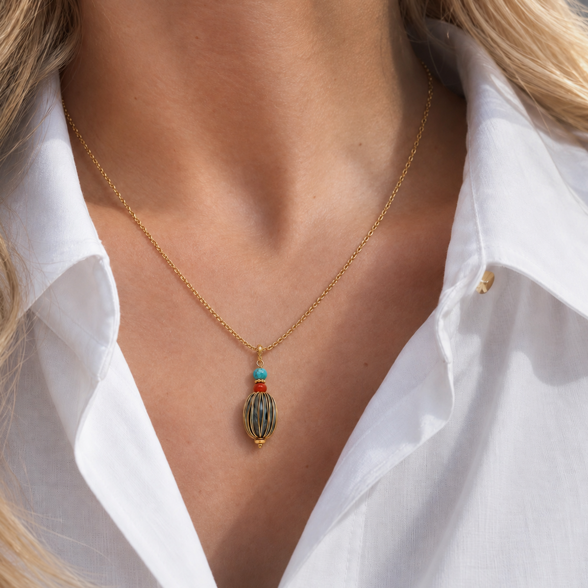 Gold-Plated Multicolor Beaded Pendant Necklace
