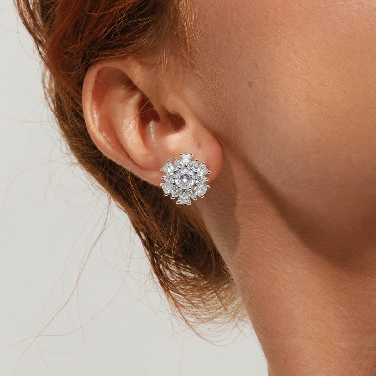 Silver-Tone Floral Cluster Zircon Stud Earrings