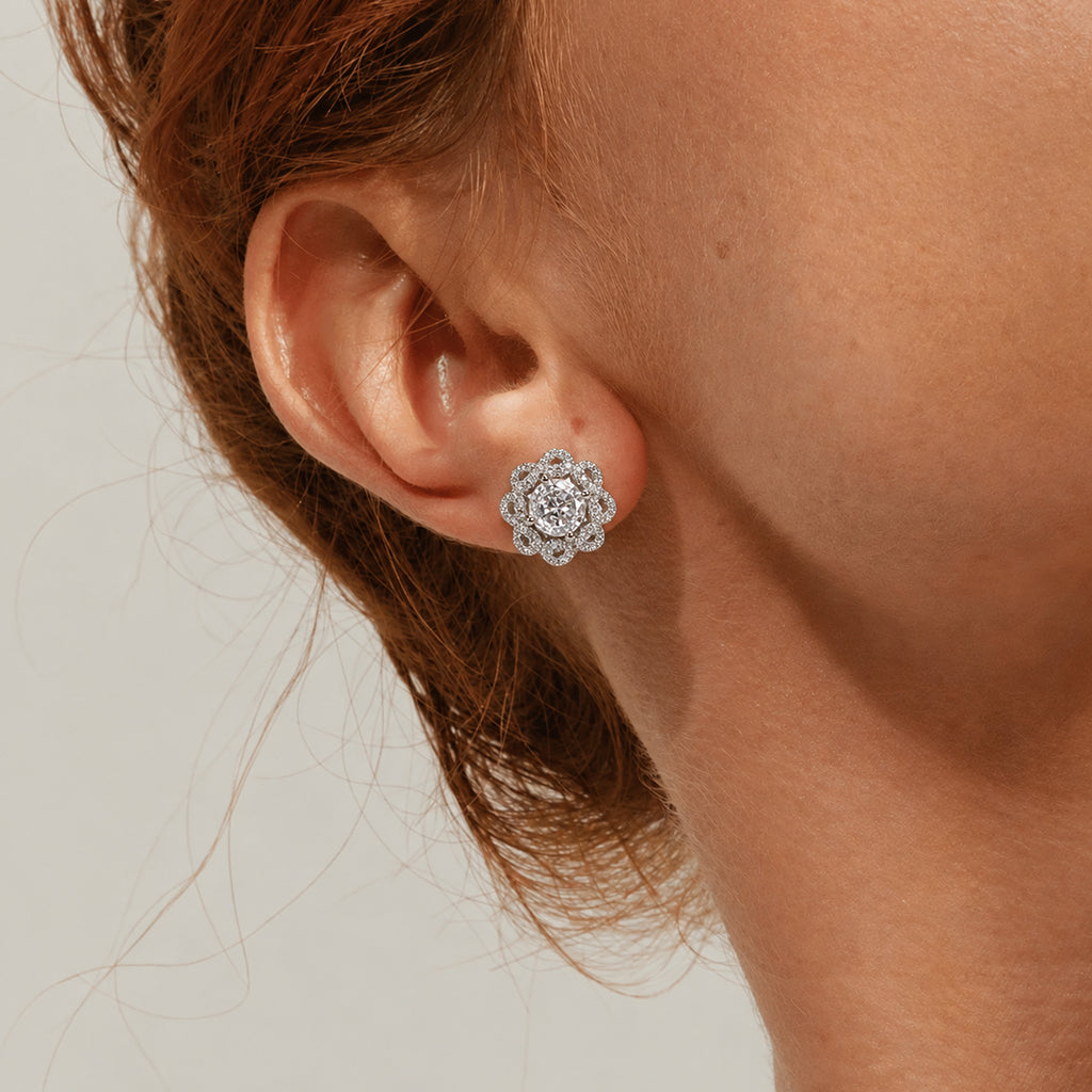 Silver-Tone Zircon Floral Stud Earrings