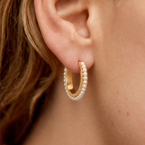 18K Gold-Plated Brass Pearl Hoop Earrings