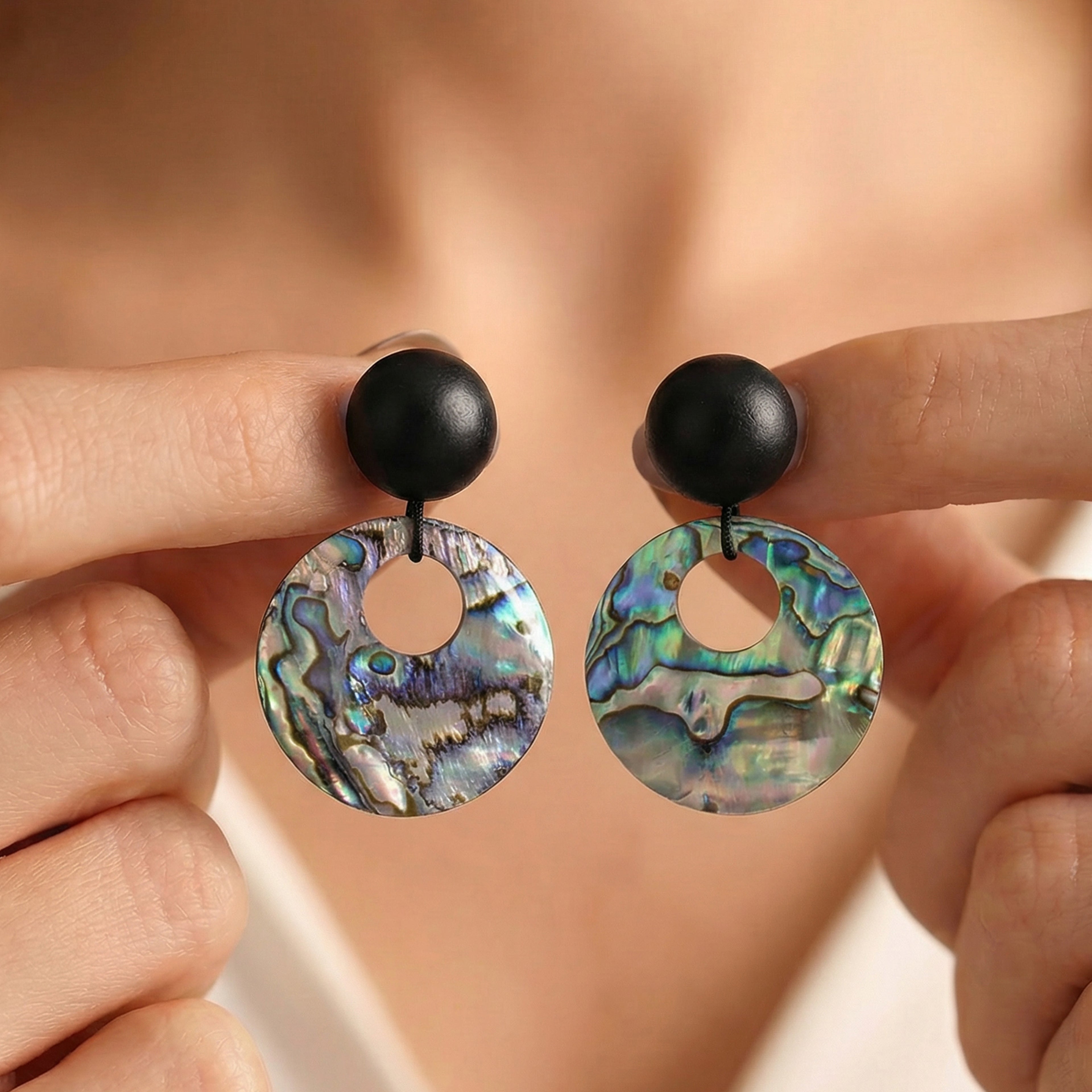 Black Bead Iridescent Shell Drop Earrings