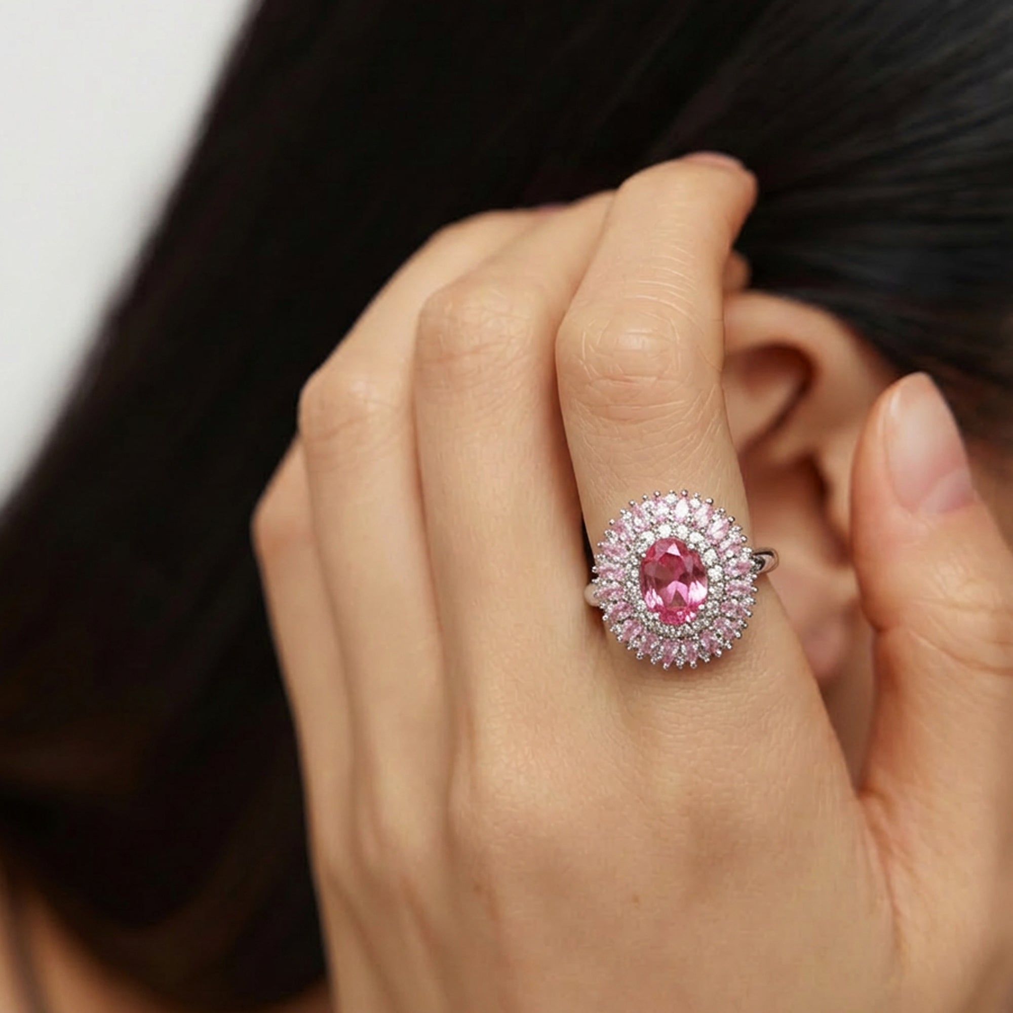 Pink Zircon Floral Halo Adjustable Ring