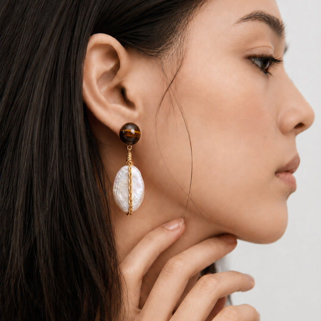 S925 Tiger Eye & Baroque Pearl Drop Earrings