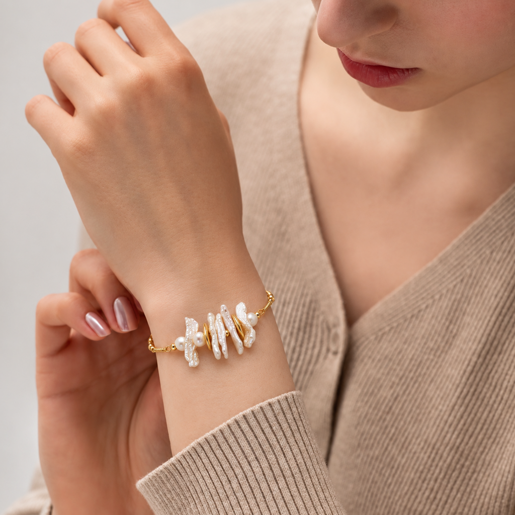 Baroque Pearl and Sculptural Disc Bracelet