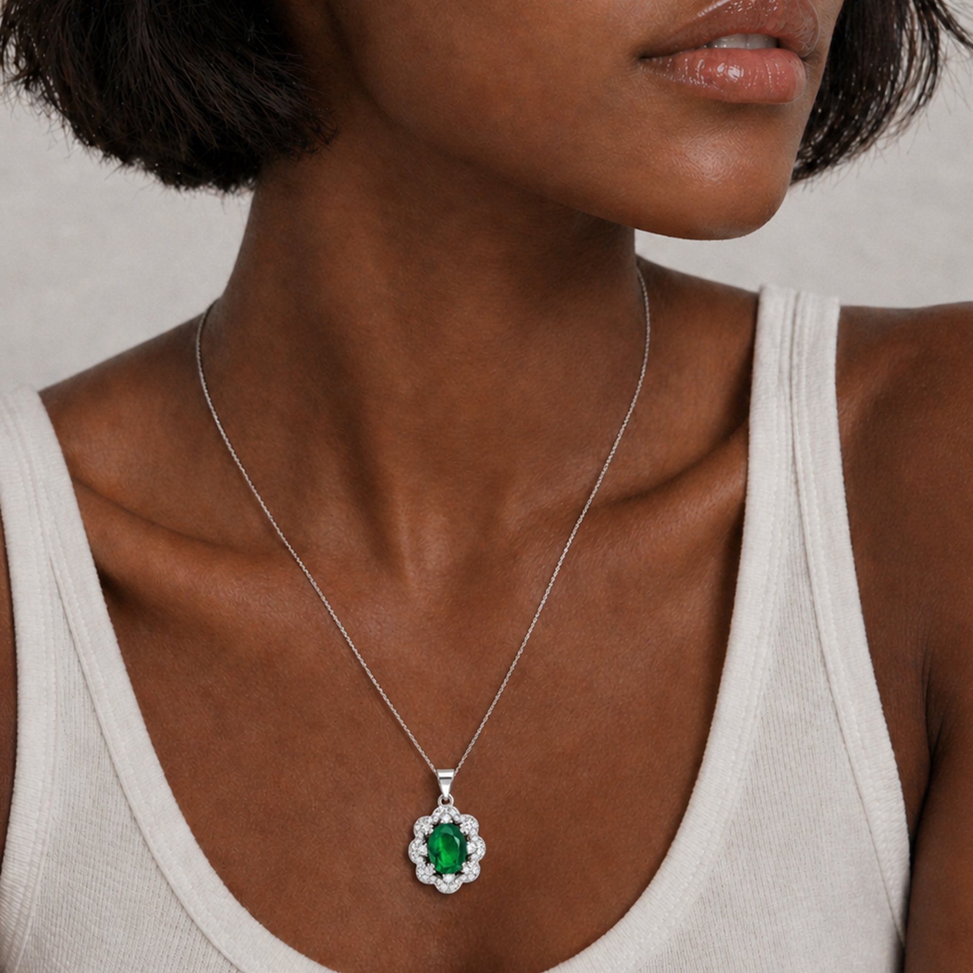 Green Zircon Floral Halo Pendant Necklace