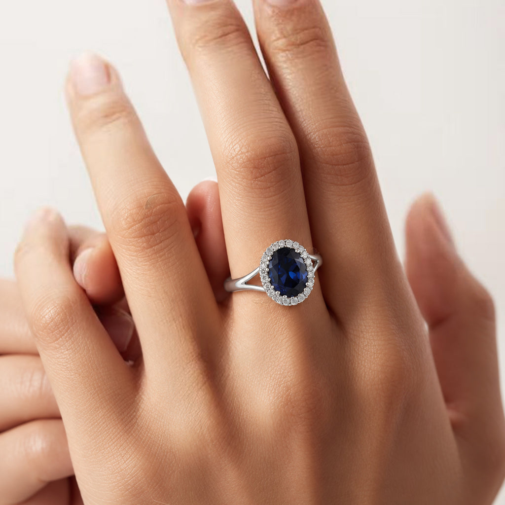 S925 Dark Blue Oval Zircon Halo Ring