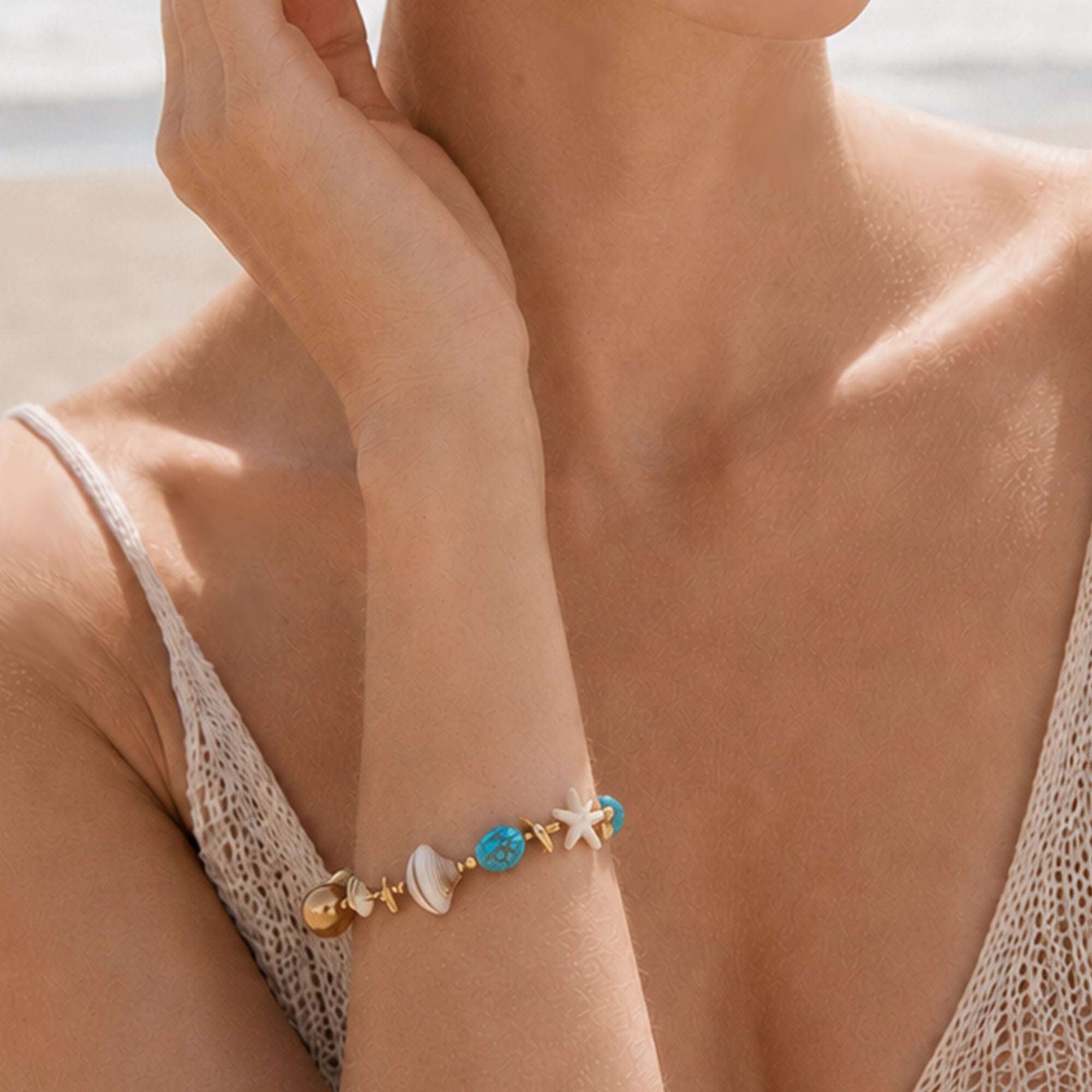 18K Gold-Plated Turquoise & Shell Bracelet