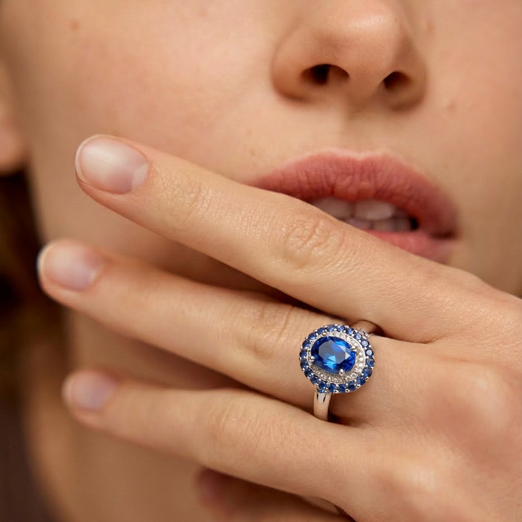 Silver-Tone Blue Zircon Halo Adjustable Ring