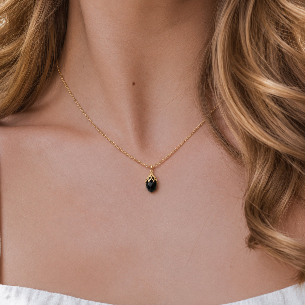 Black Faceted Drop Sterling Silver Necklace