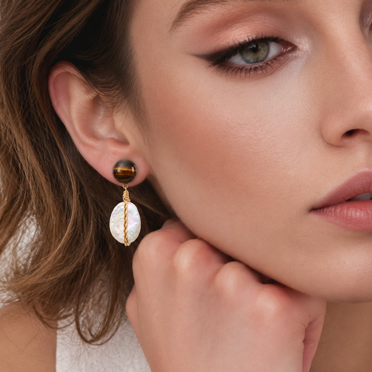 S925 Tiger Eye & Baroque Pearl Drop Earrings