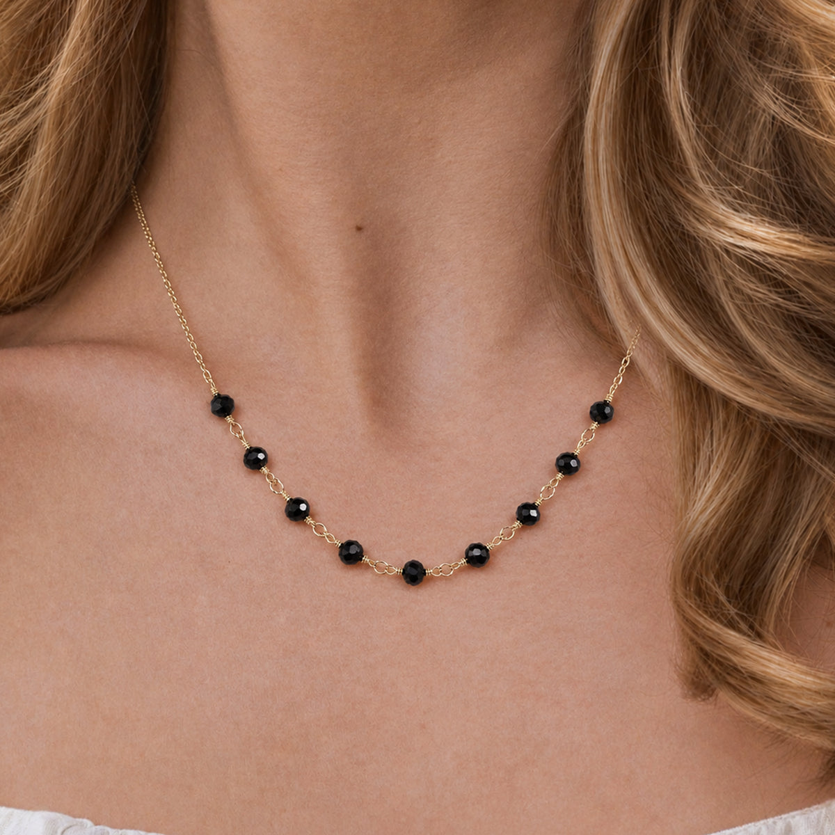 Black Faceted Bead Gold-Plated Necklace