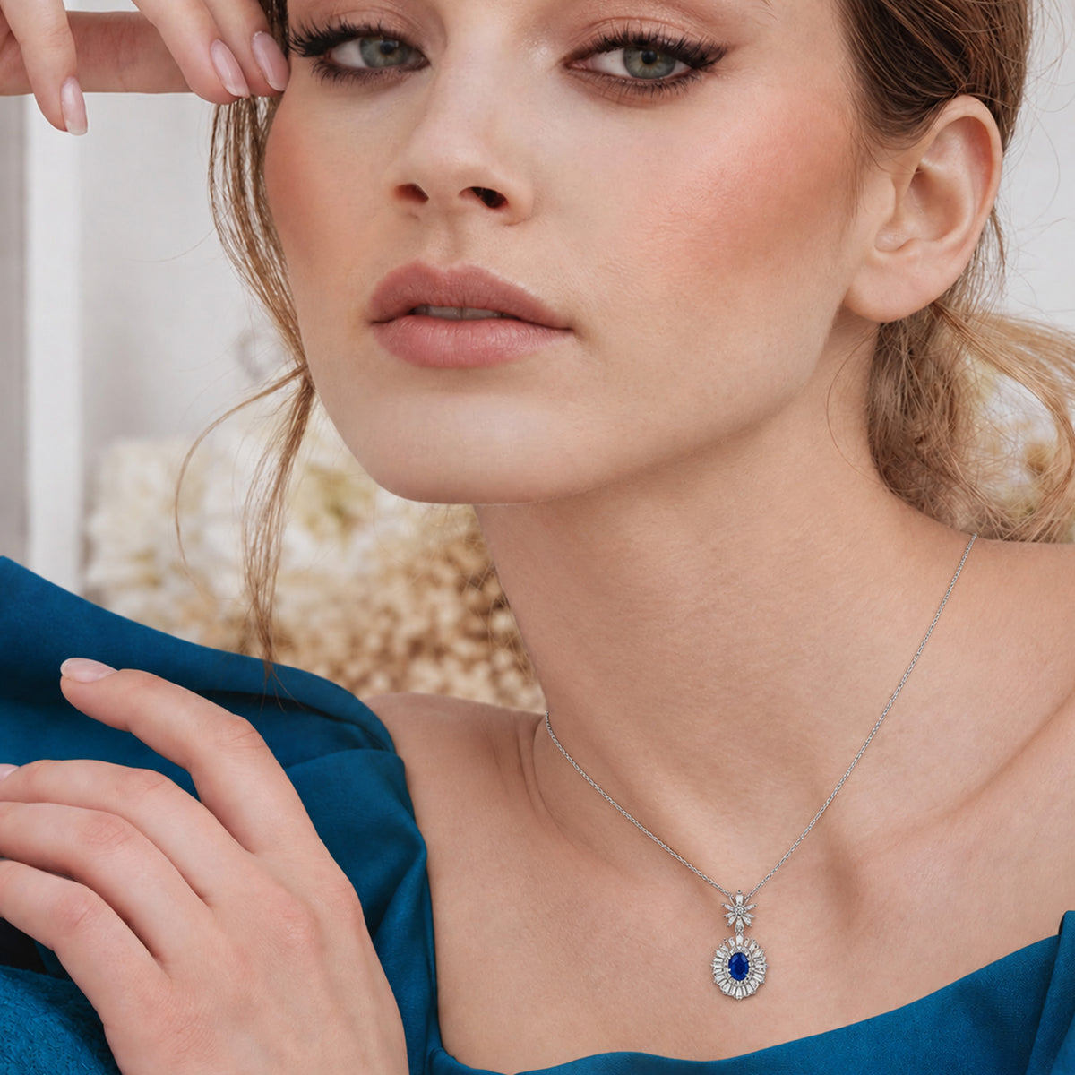 Blue Cubic Zirconia Sunburst Pendant Necklace