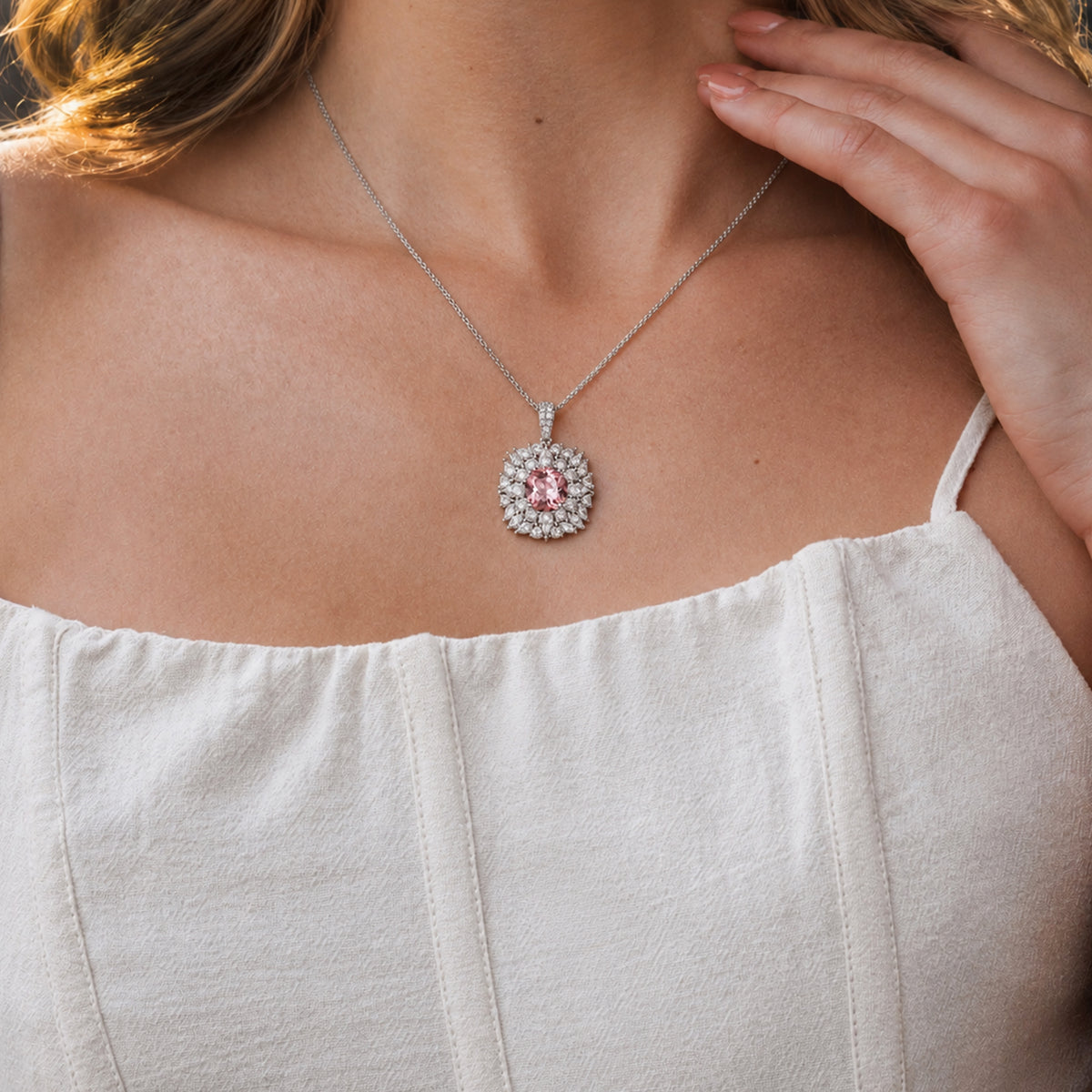 Pink Cubic Zirconia Halo Pendant Necklace