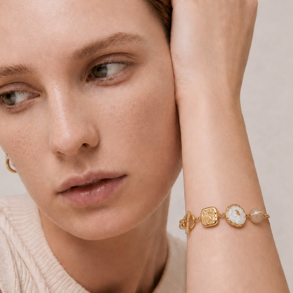18K Gold-Plated Pearl and Mother-of-Pearl Bracelet
