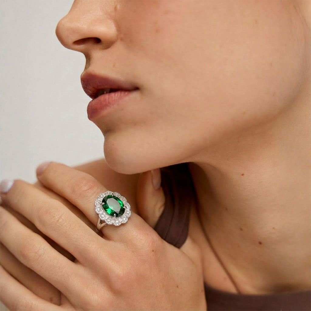 Silver-Tone Green Zircon Halo Copper Ring