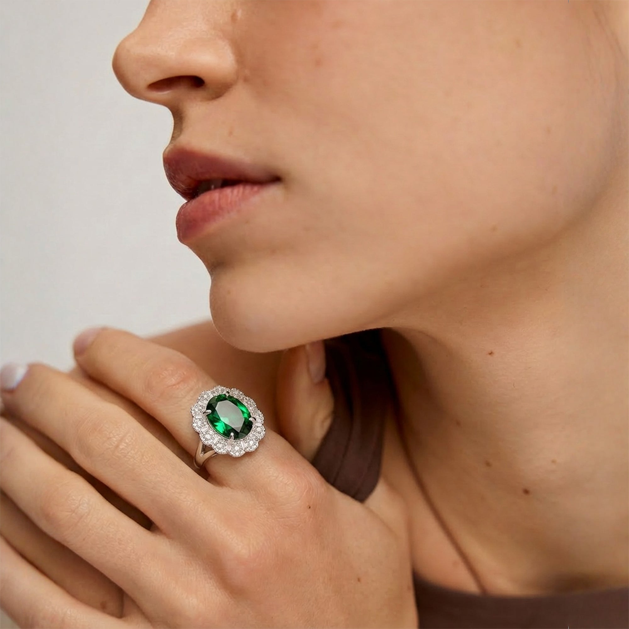 Silver-Tone Green Zircon Halo Copper Ring