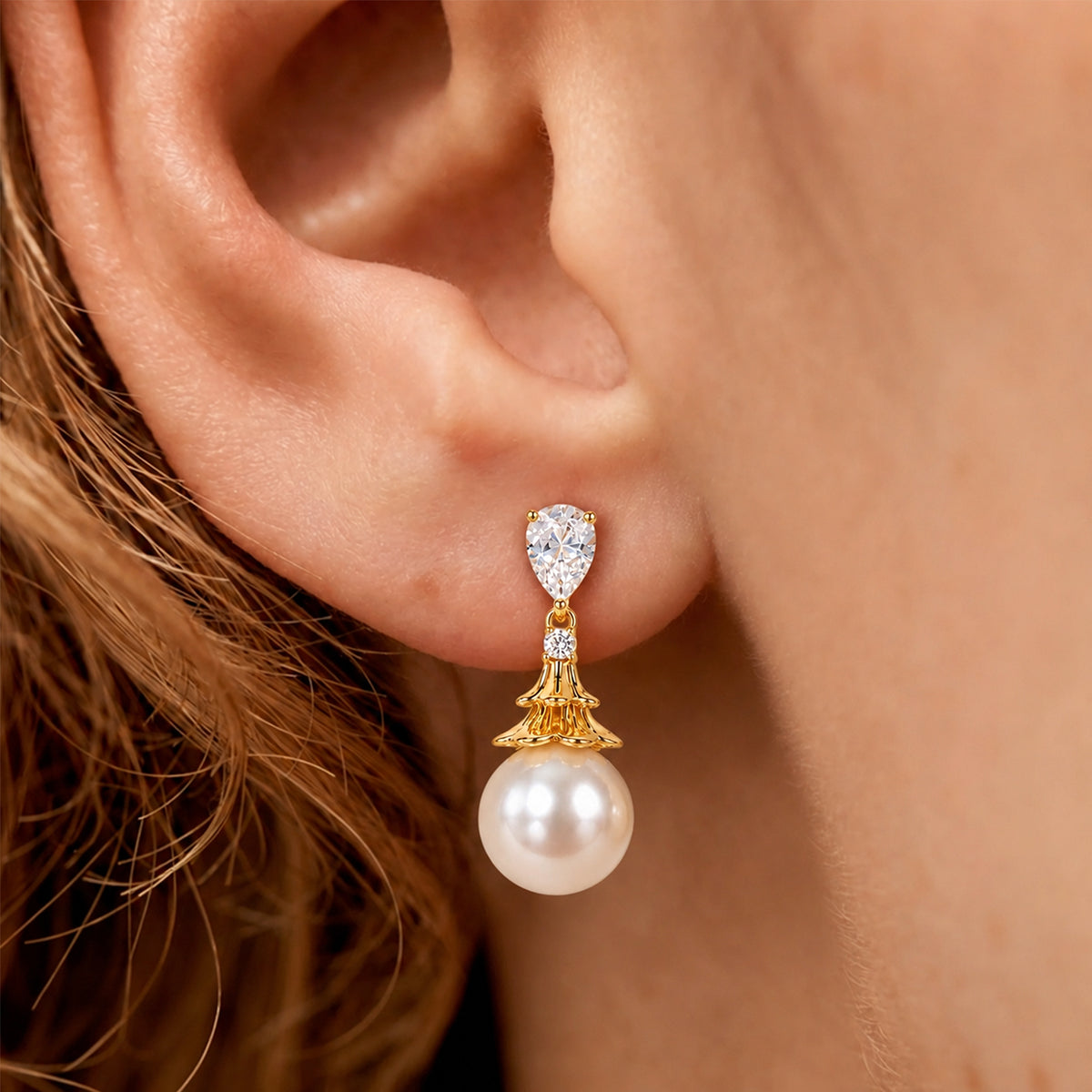 Pear-Cut Zircon & Faux Pearl Drop Earrings