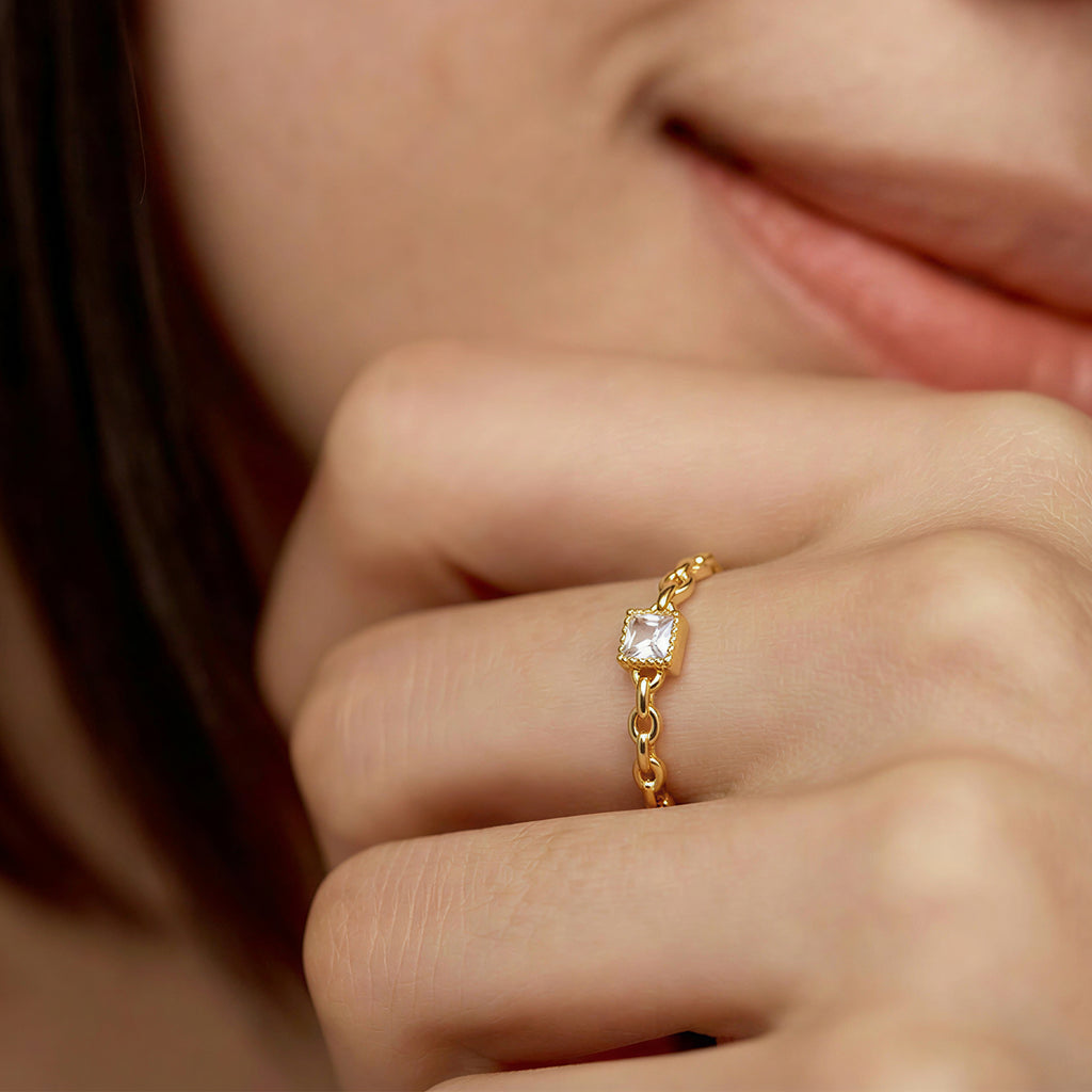 Square Zircon Chain-Link S925 Adjustable Ring