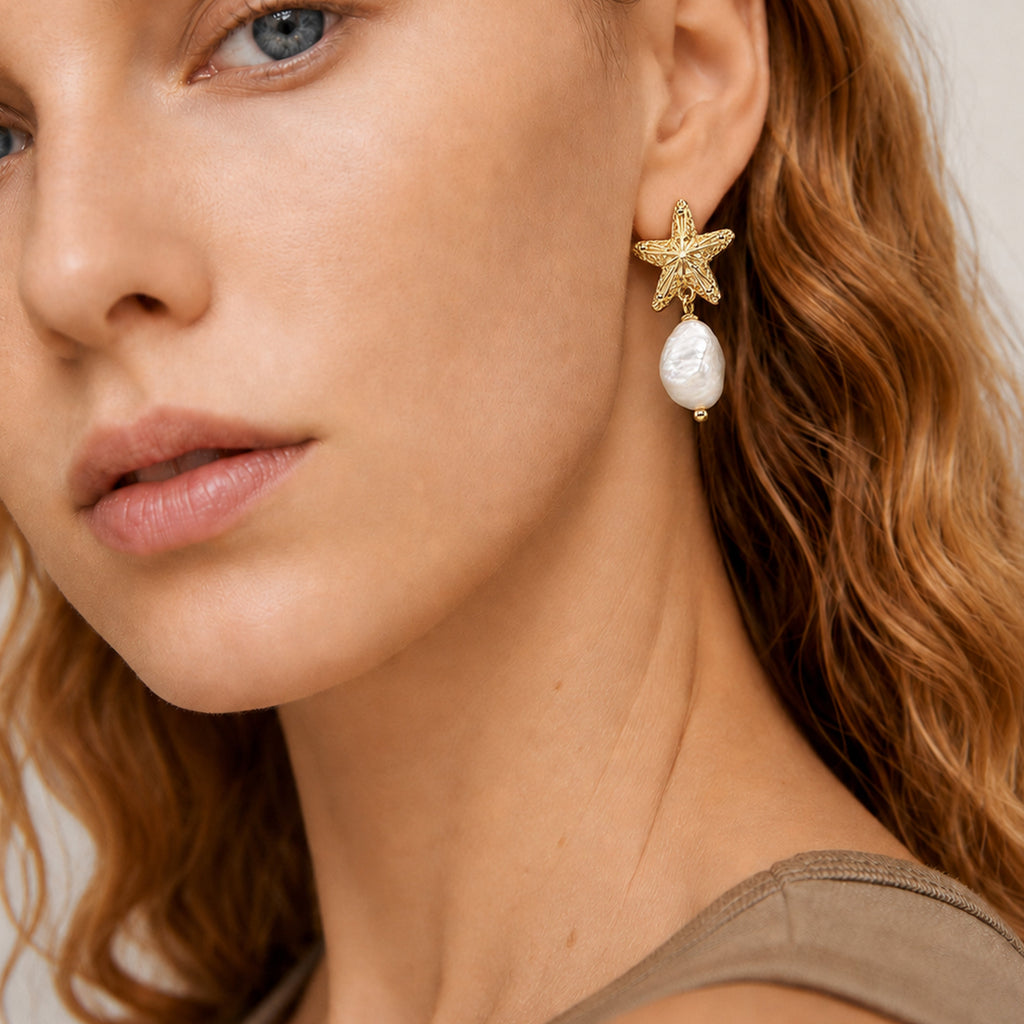 S925 Starfish Baroque Pearl Drop Earrings