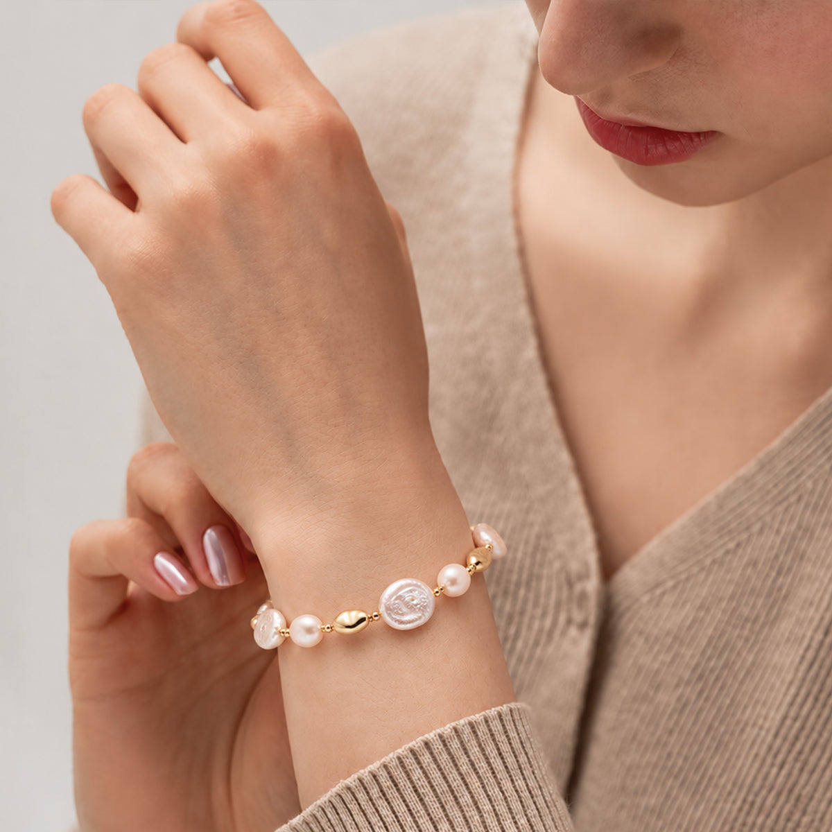 18K Gold-Plated Coin Pearl Toggle Bracelet