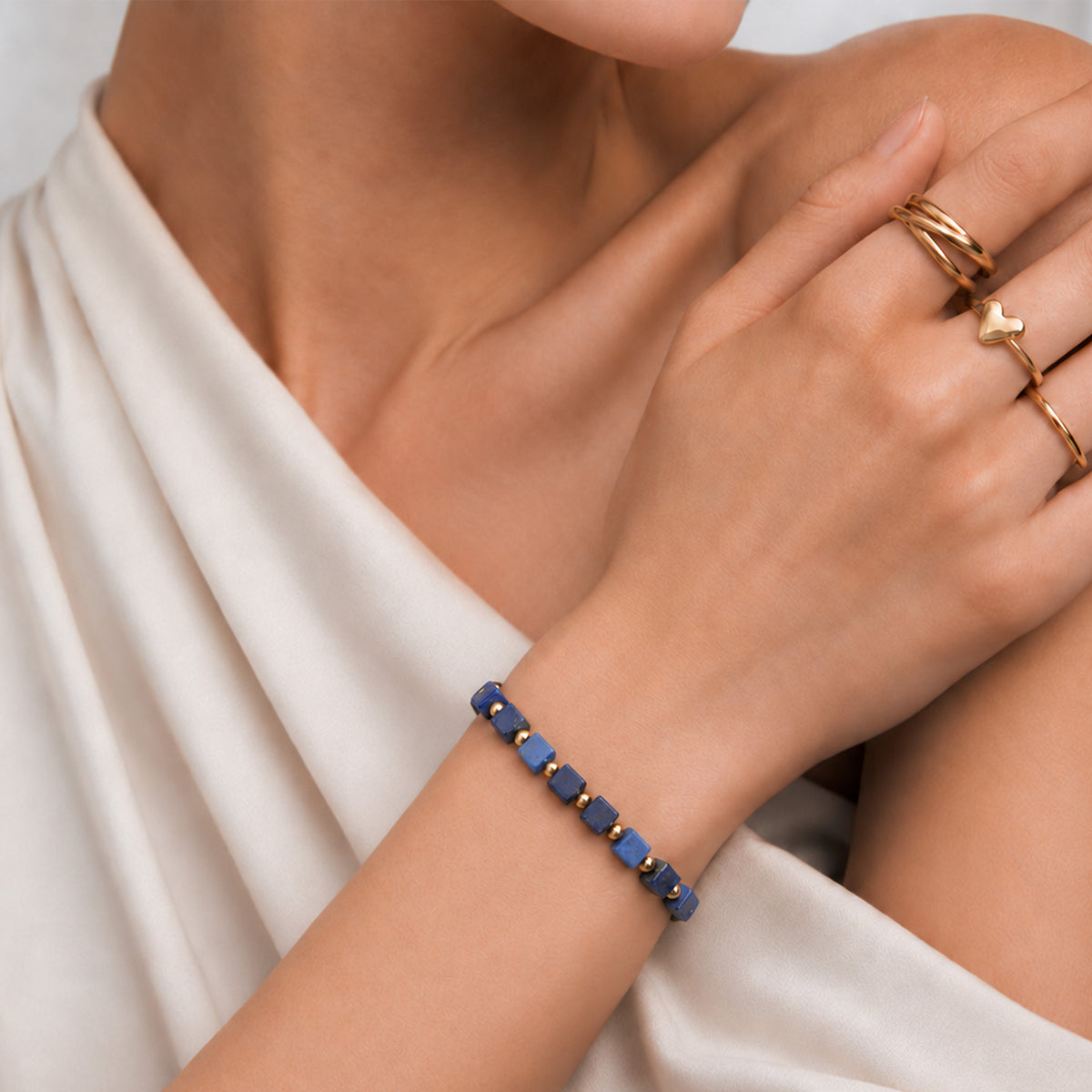 Blue Cube Bead Brass Chain Bracelet