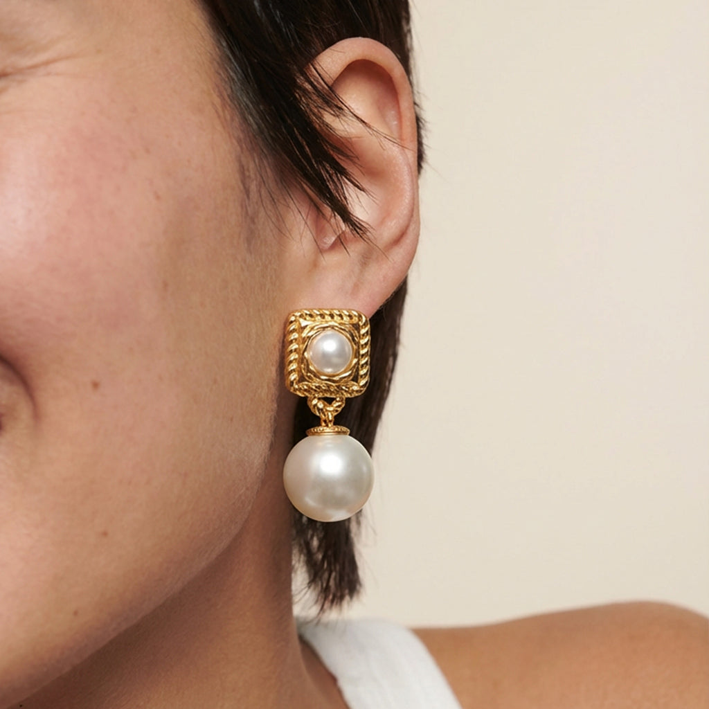 Geometric Double Pearl Drop Earrings