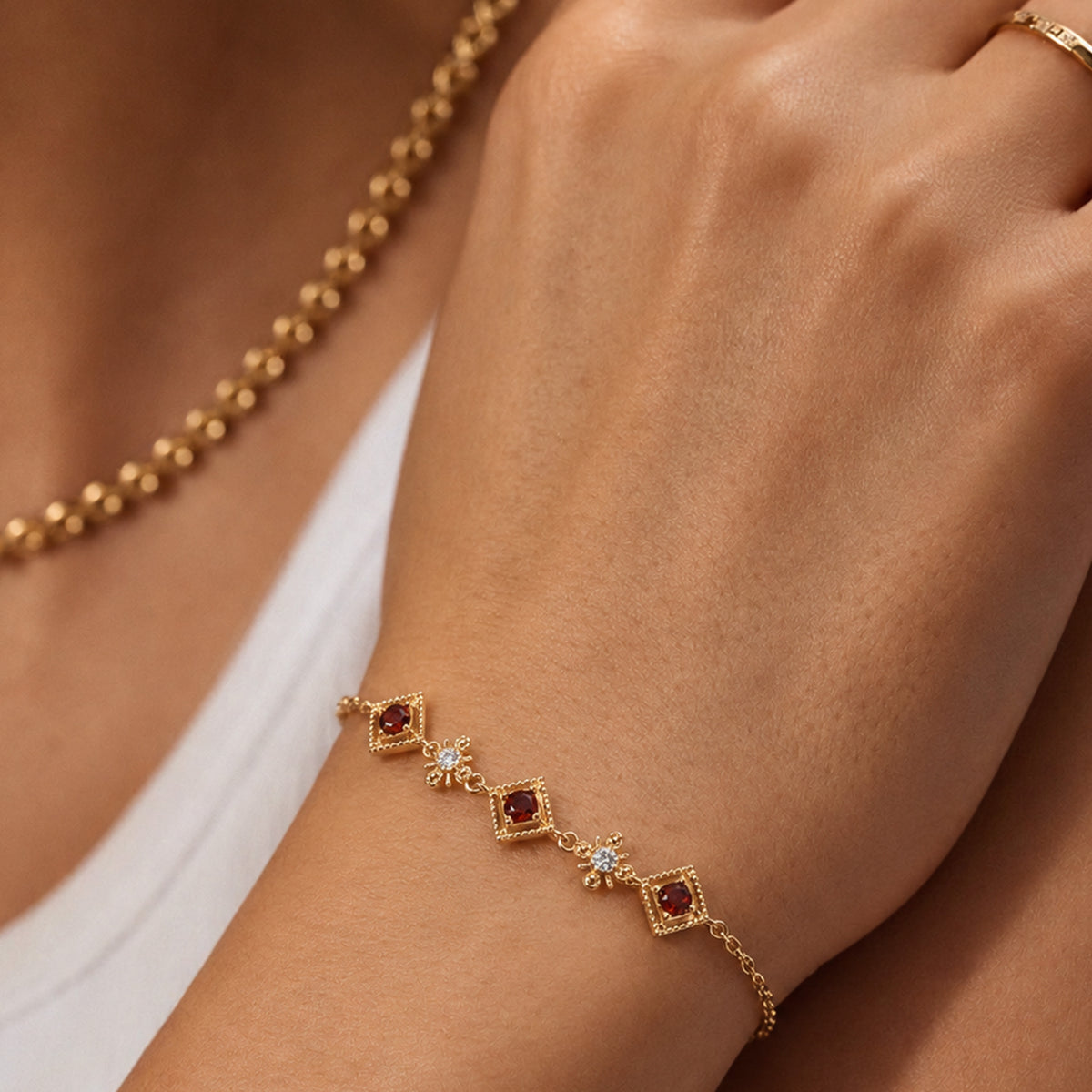 Garnet-Red Zirconia S925 Silver Chain Bracelet