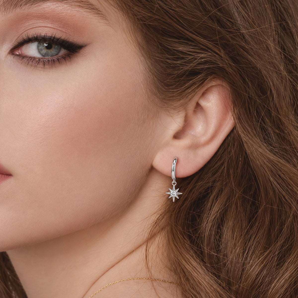 CZ Starburst Drop Huggie Hoop Earrings