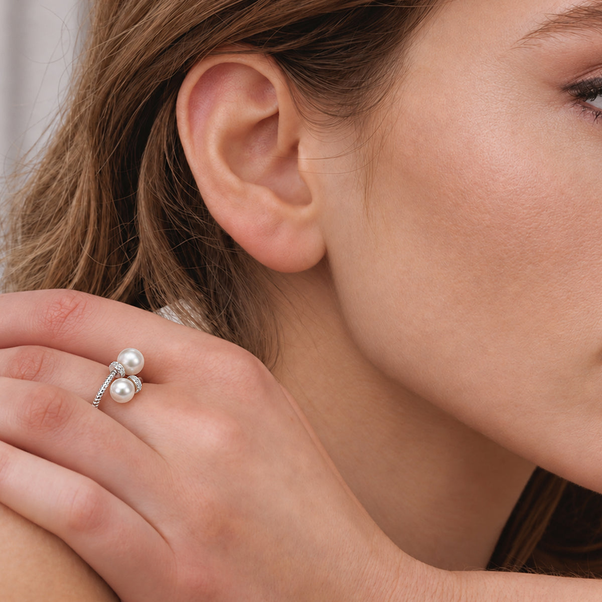 S925 Silver Double Pearl Adjustable Ring