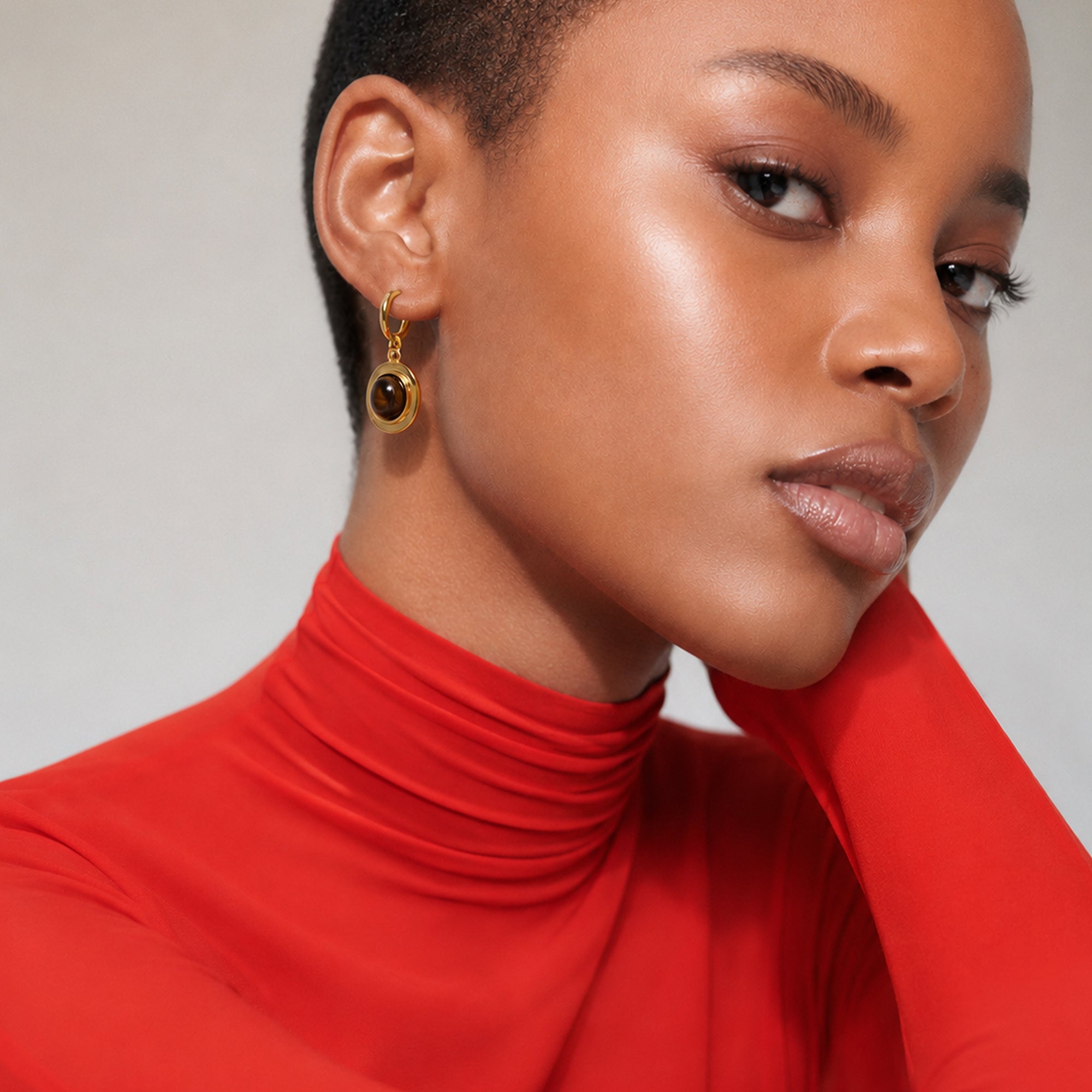 18K Gold-Plated Tiger's Eye Drop Hoop Earrings