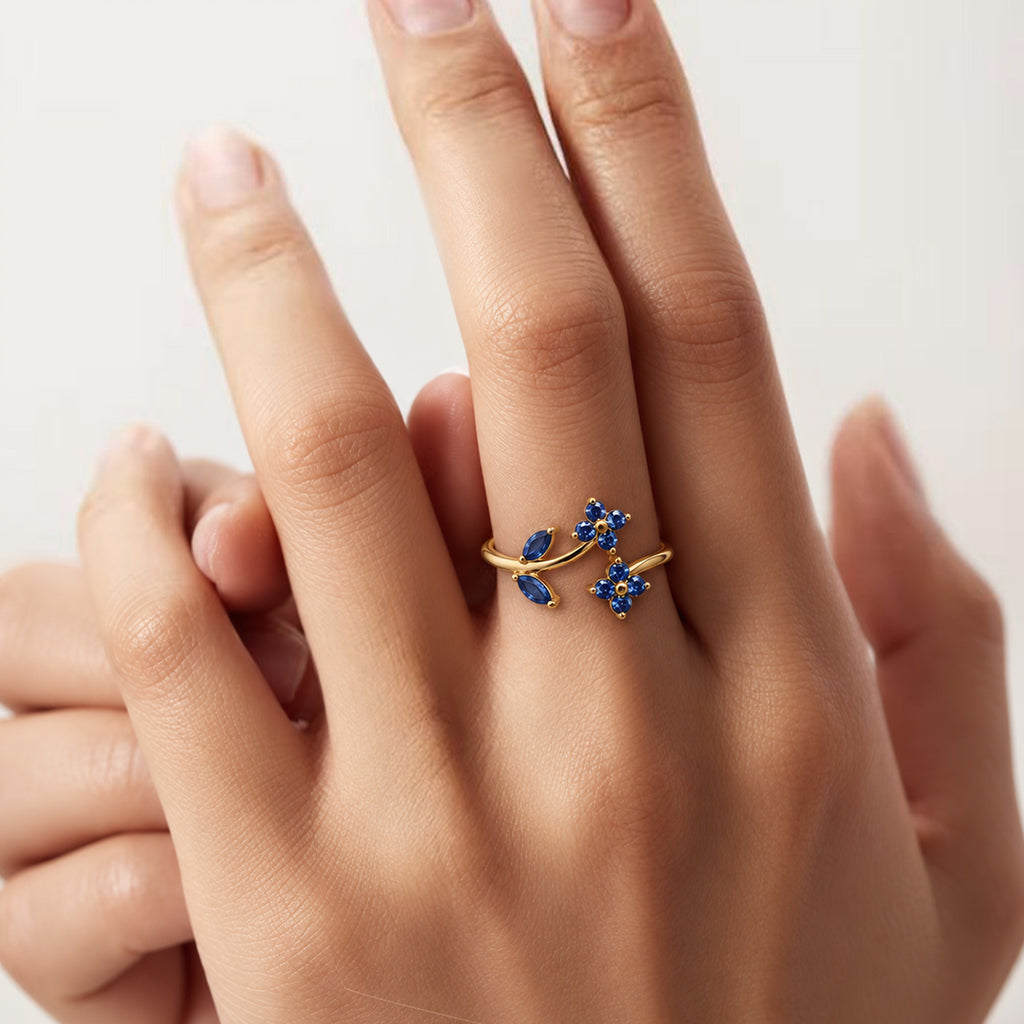 18K Gold-Plated Blue CZ Floral Open Ring