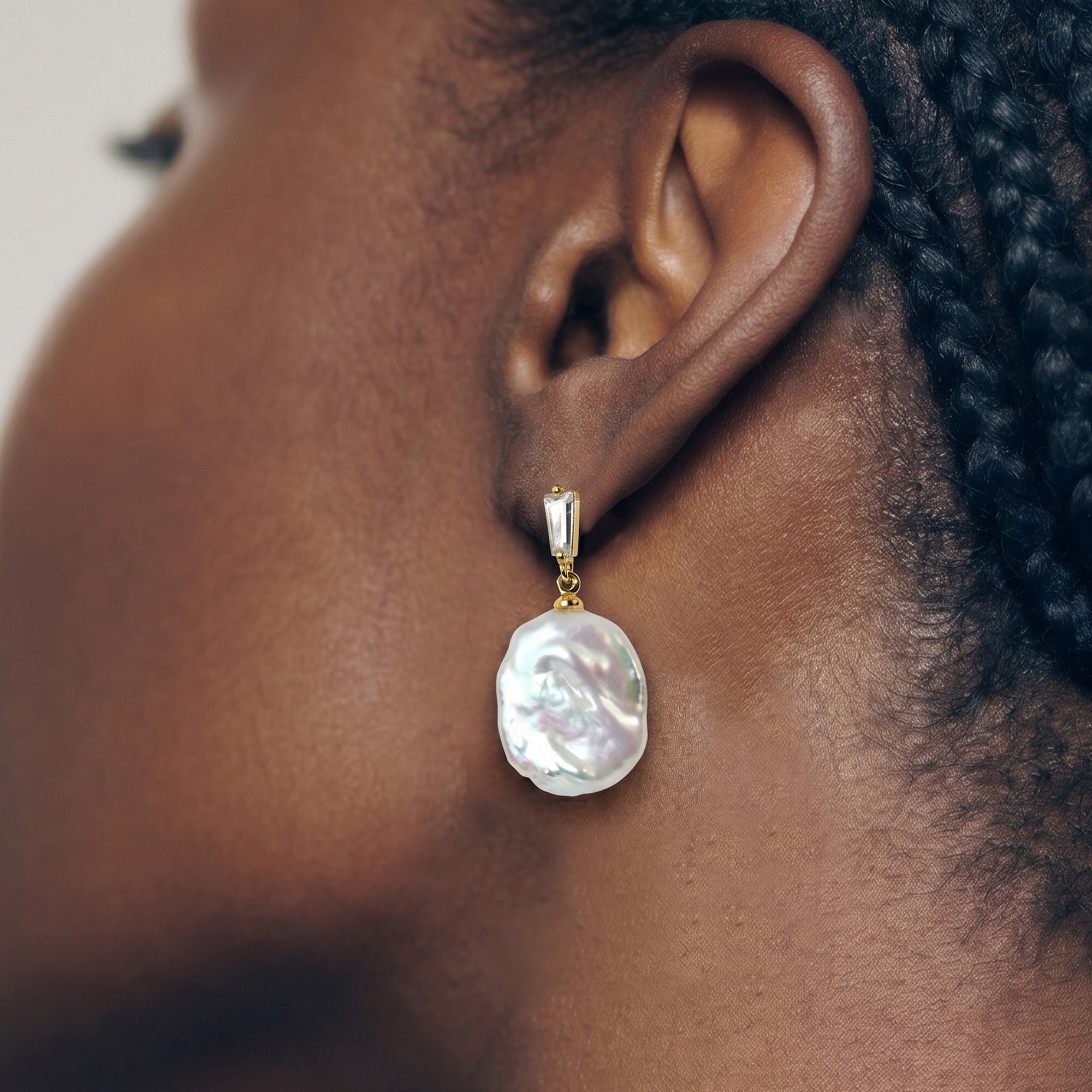 Baguette Accent Baroque Pearl Drop Earrings