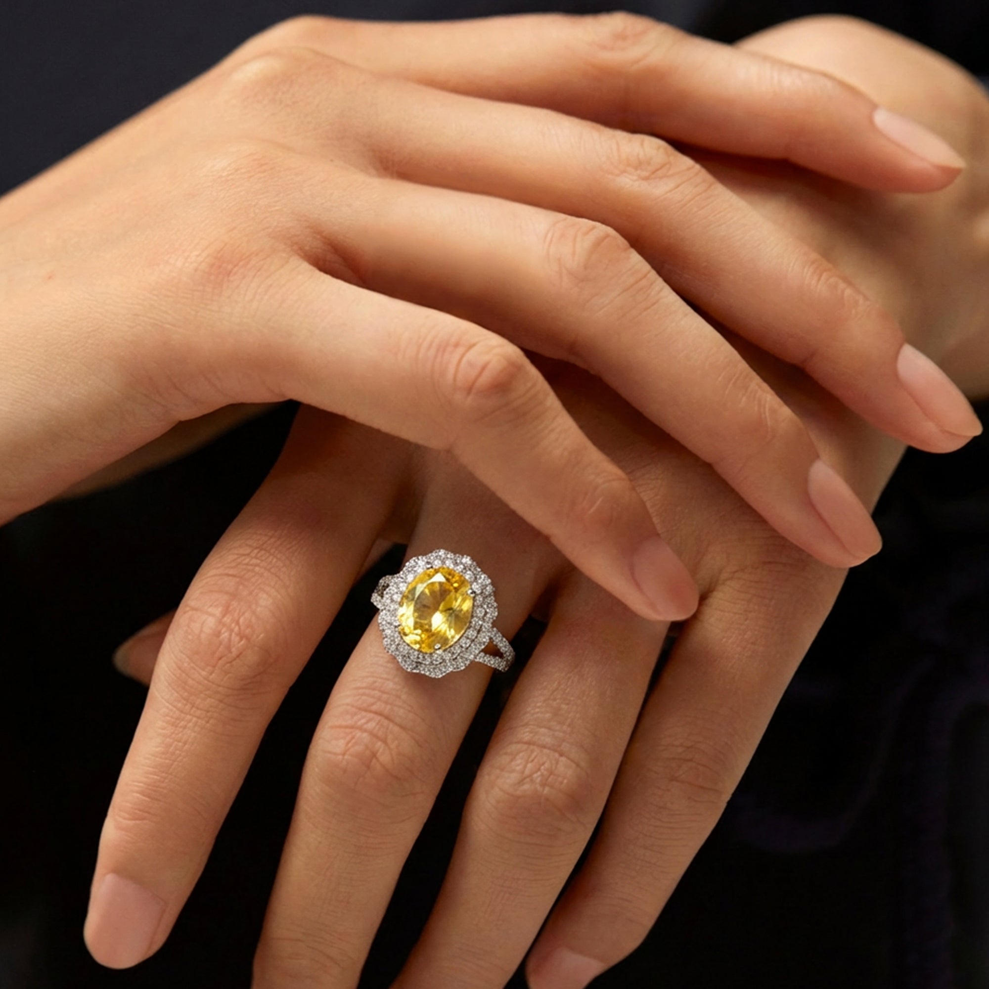 Silver-Tone Yellow Zircon Halo Copper Ring