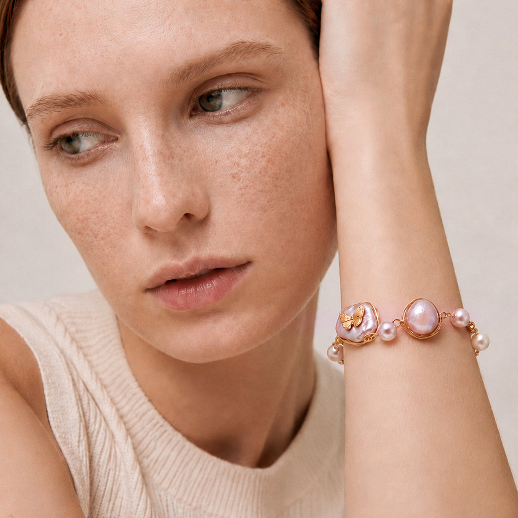 Gold-Plated Baroque Pearl Butterfly Bracelet