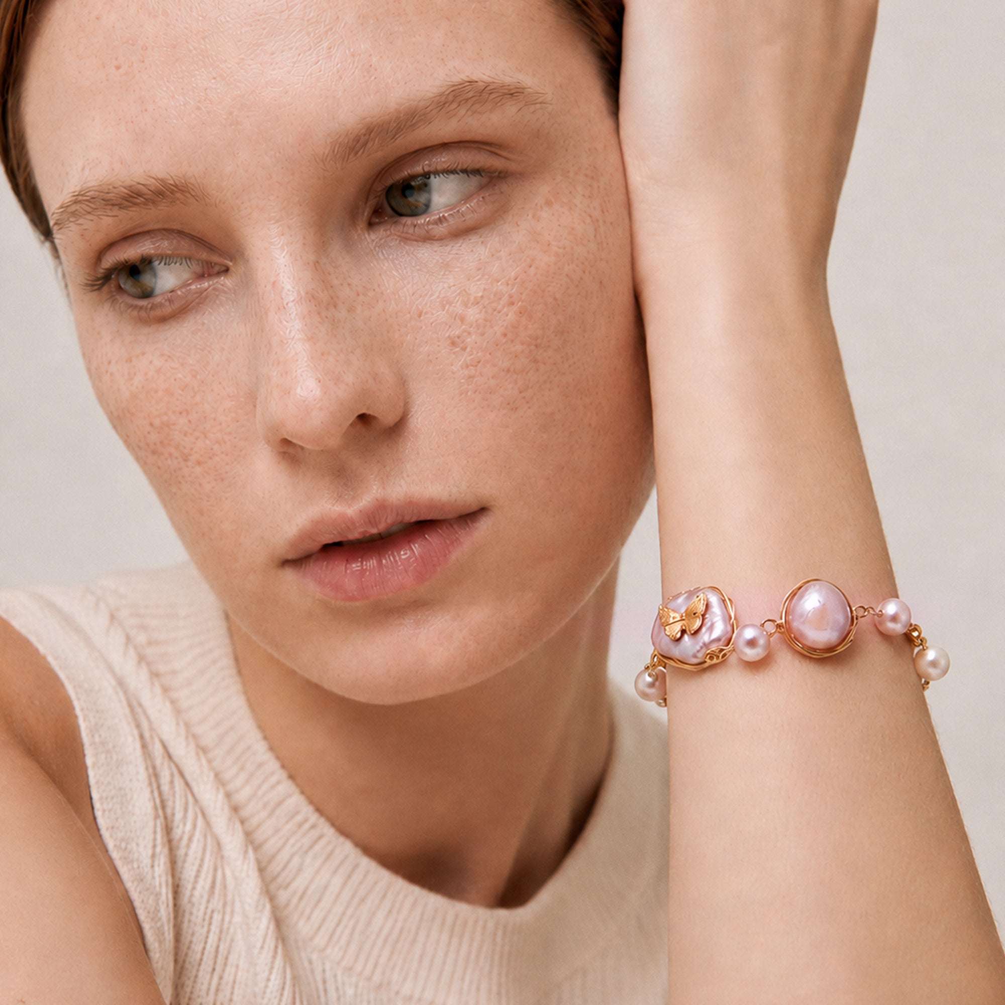 Gold-Plated Baroque Pearl Butterfly Bracelet