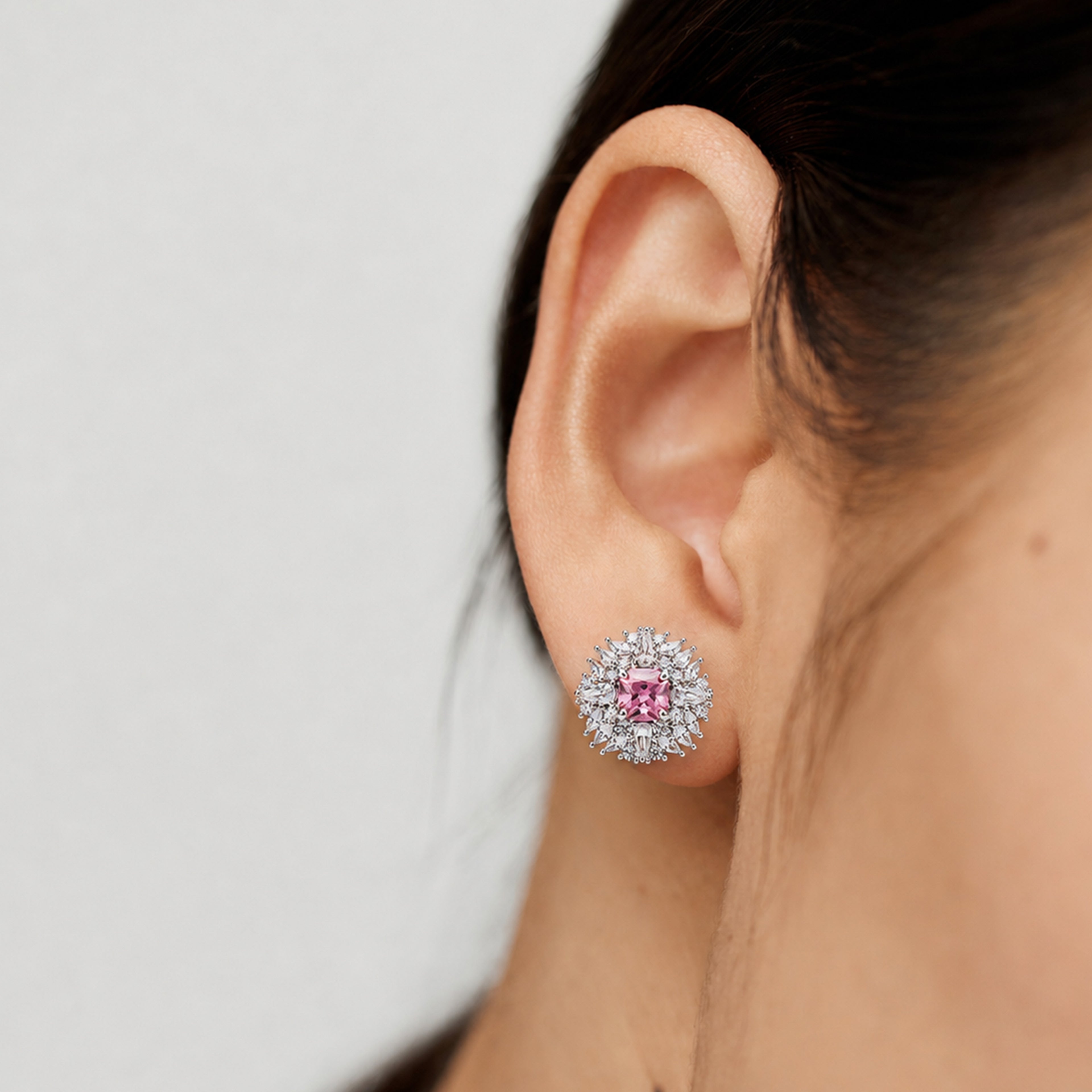 Pink Cushion Halo Zircon Stud Earrings