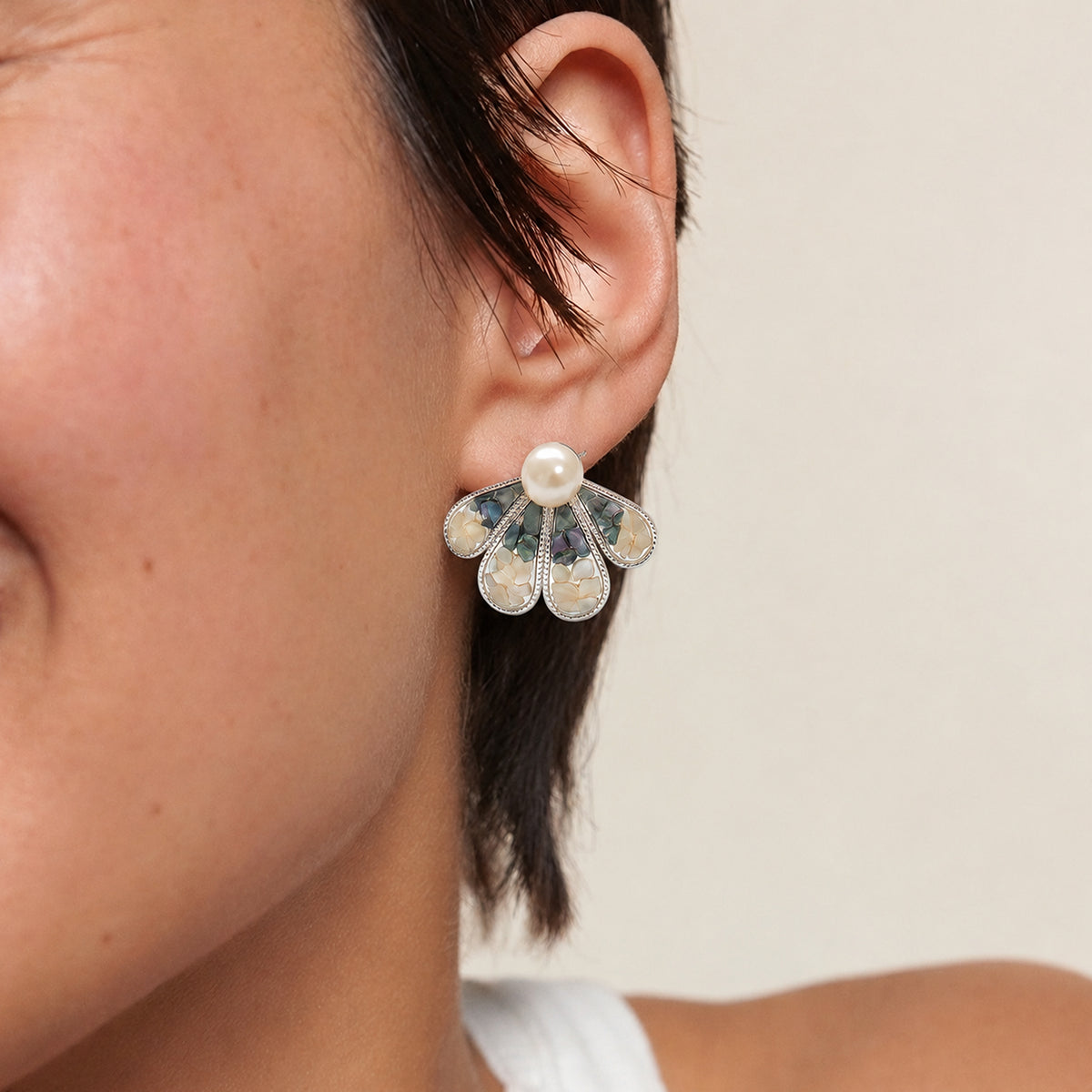 Shell Mosaic Fan Stud Earrings