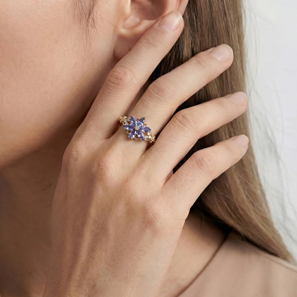 S925 Gold Plated Tanzanite Flower Adjustable Ring