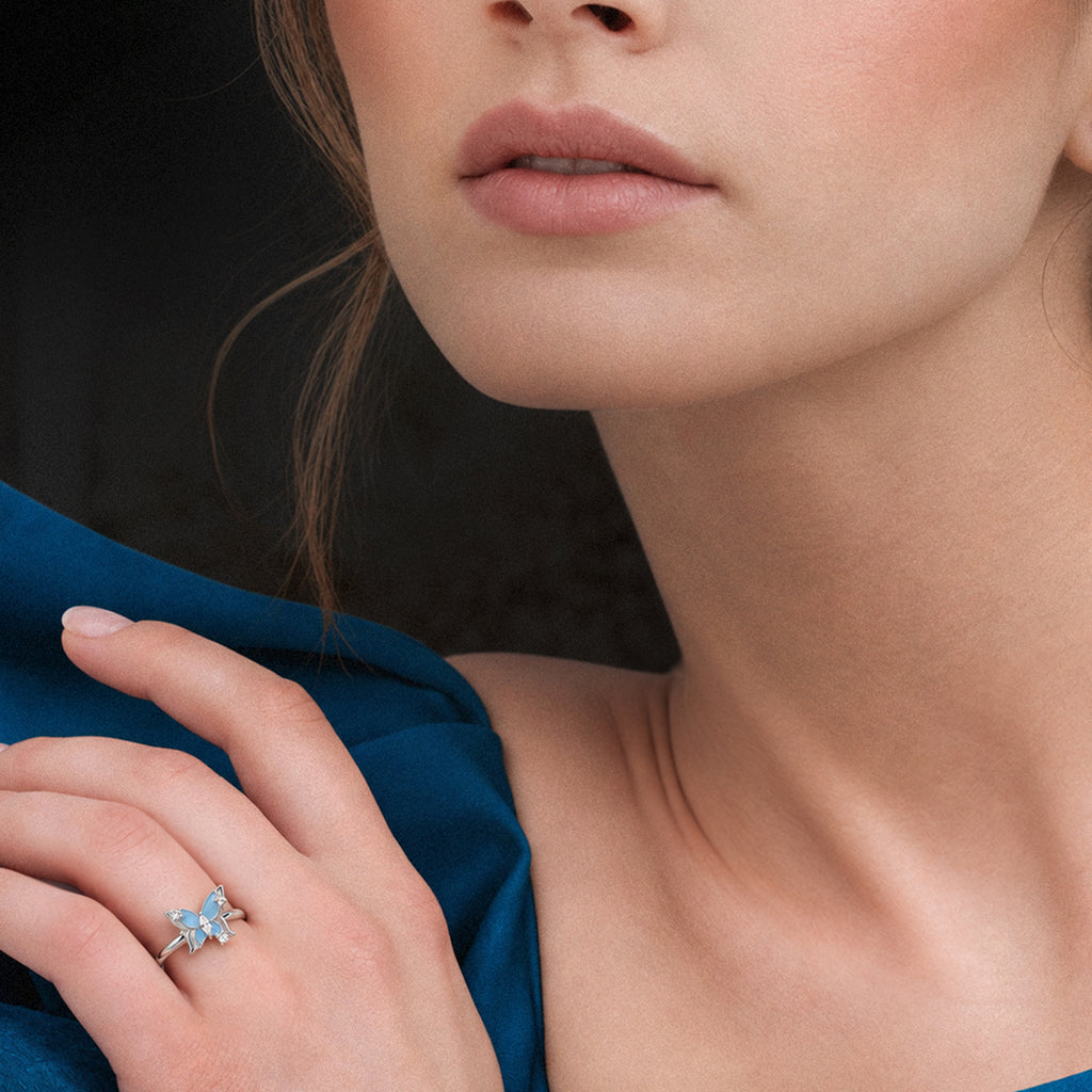 S925 Silver Blue Enamel Butterfly Ring