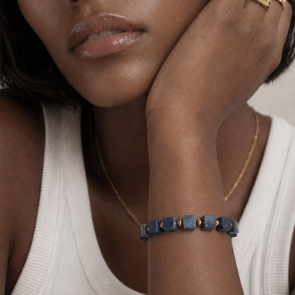 Blue Cube Bead Brass Chain Bracelet