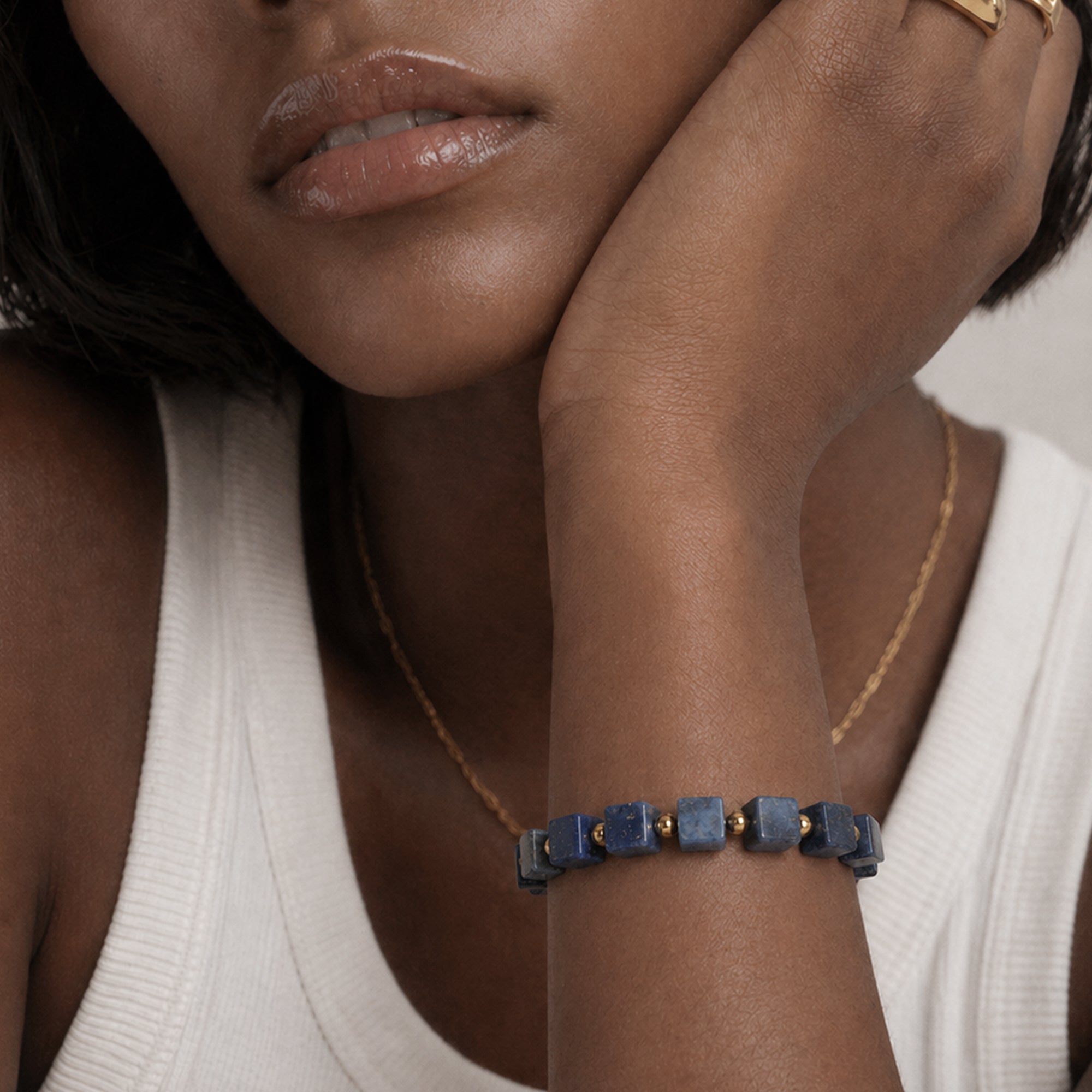 Blue Cube Bead Brass Chain Bracelet