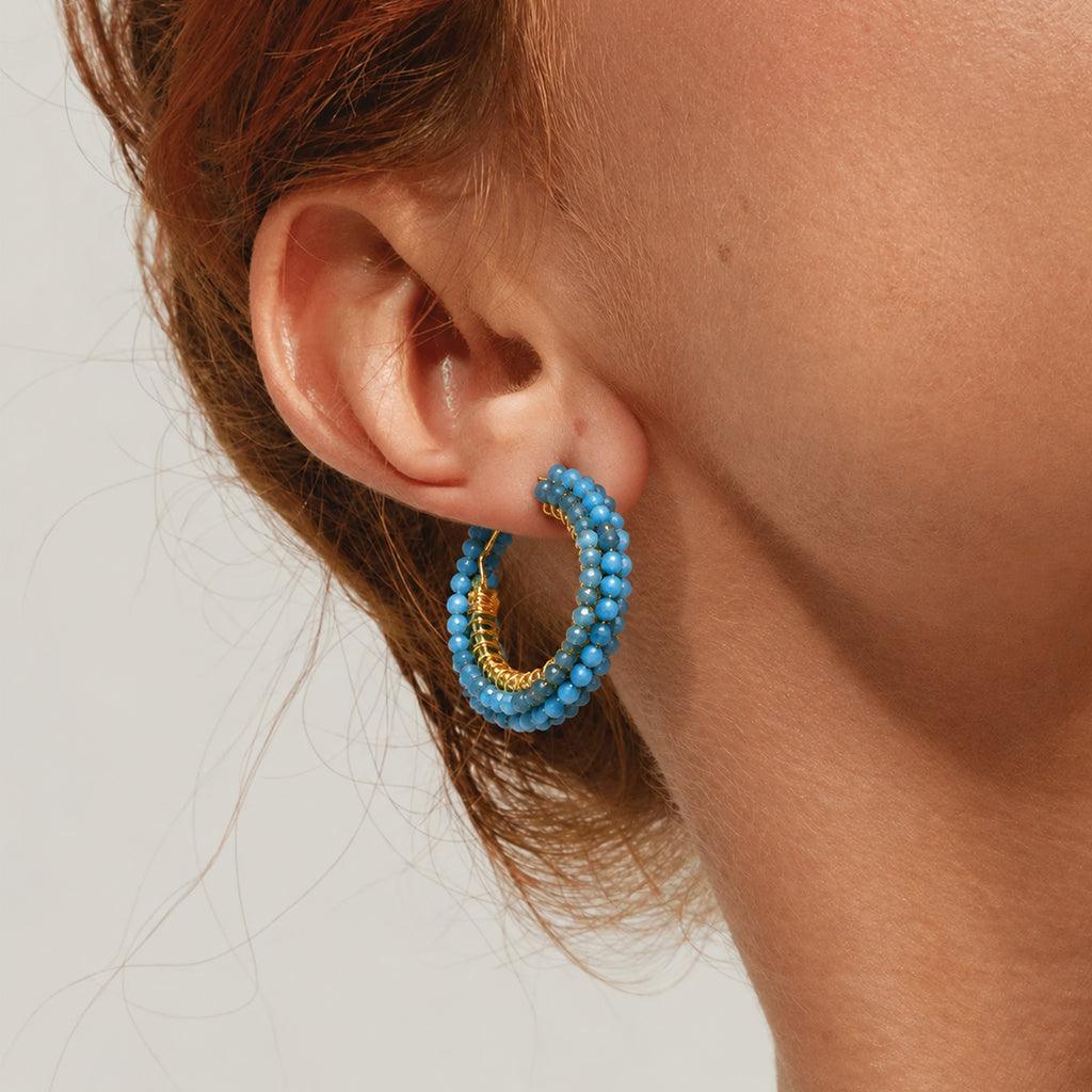 Blue Agate Beaded Hoop Earrings